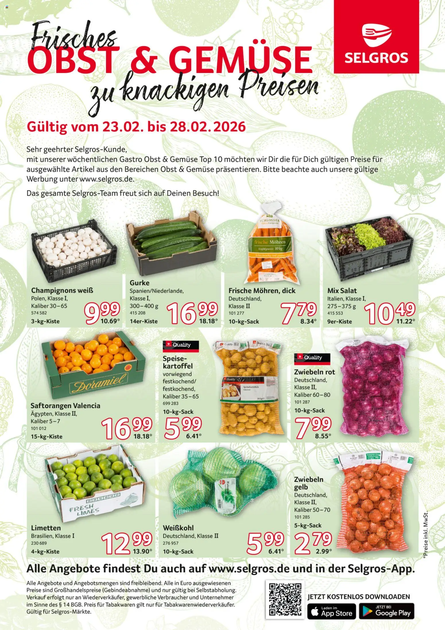 Selgros Obst & Gemüse – gültig ab 23.02.2026 | Seite: 1 | Produkte: Top, Limetten, Champignons, Gemüse