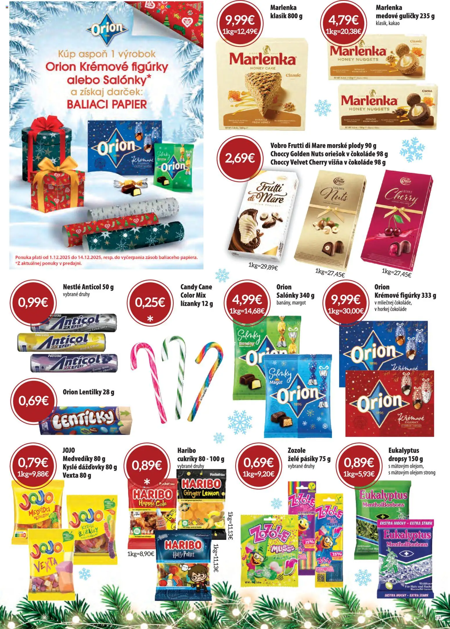 Nové CBA Komfos akcie – leták je platný od 01.12.2025 | Strana: 14 | Produkty: Banány, Cukríky, Marlenka, Morské plody