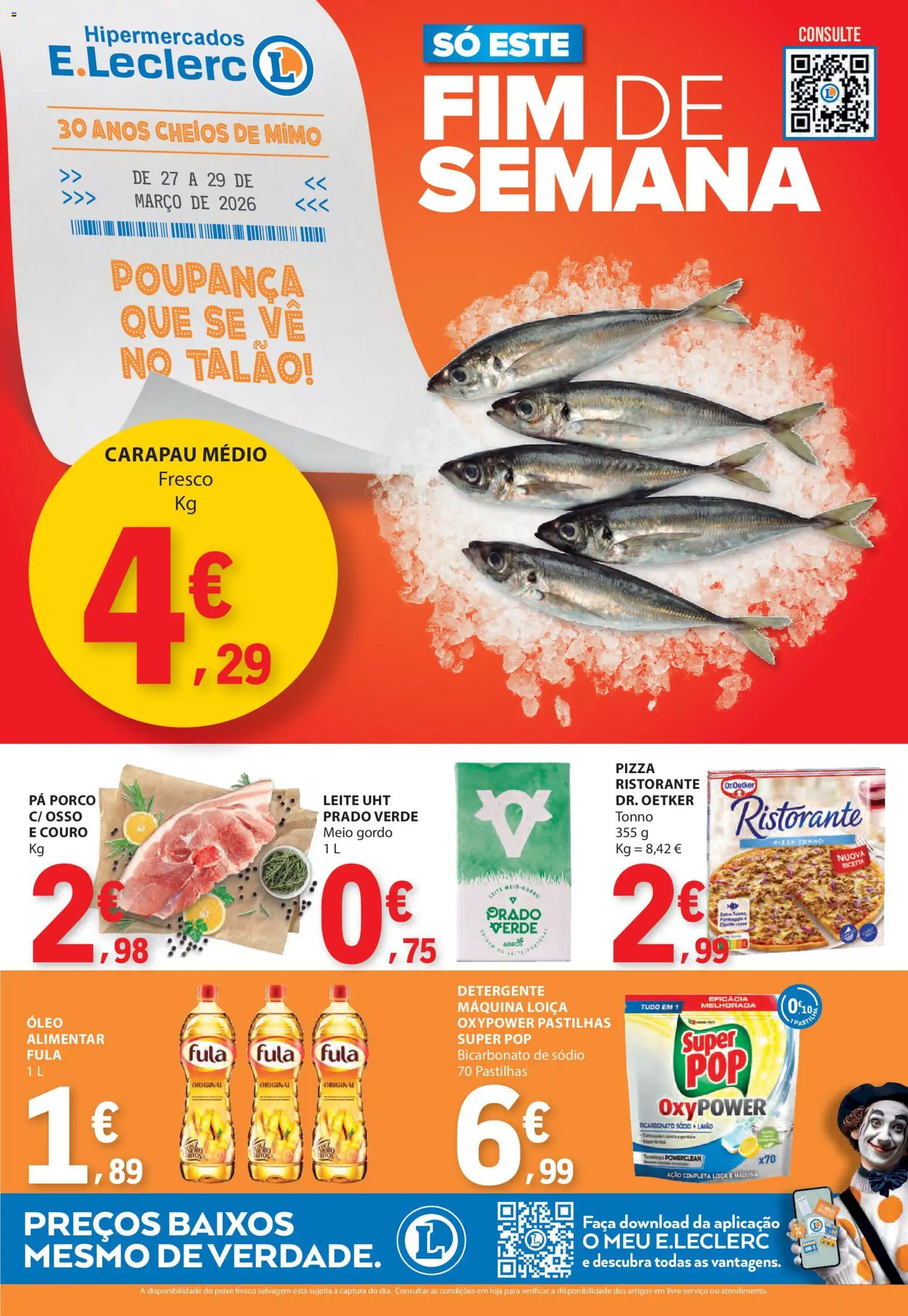 E.Leclerc Catálogo Fim de Semana │ válido de 27.03.2026 | Página: 1 | Produtos: Óleo, Pizza, Bicarbonato, Peixe