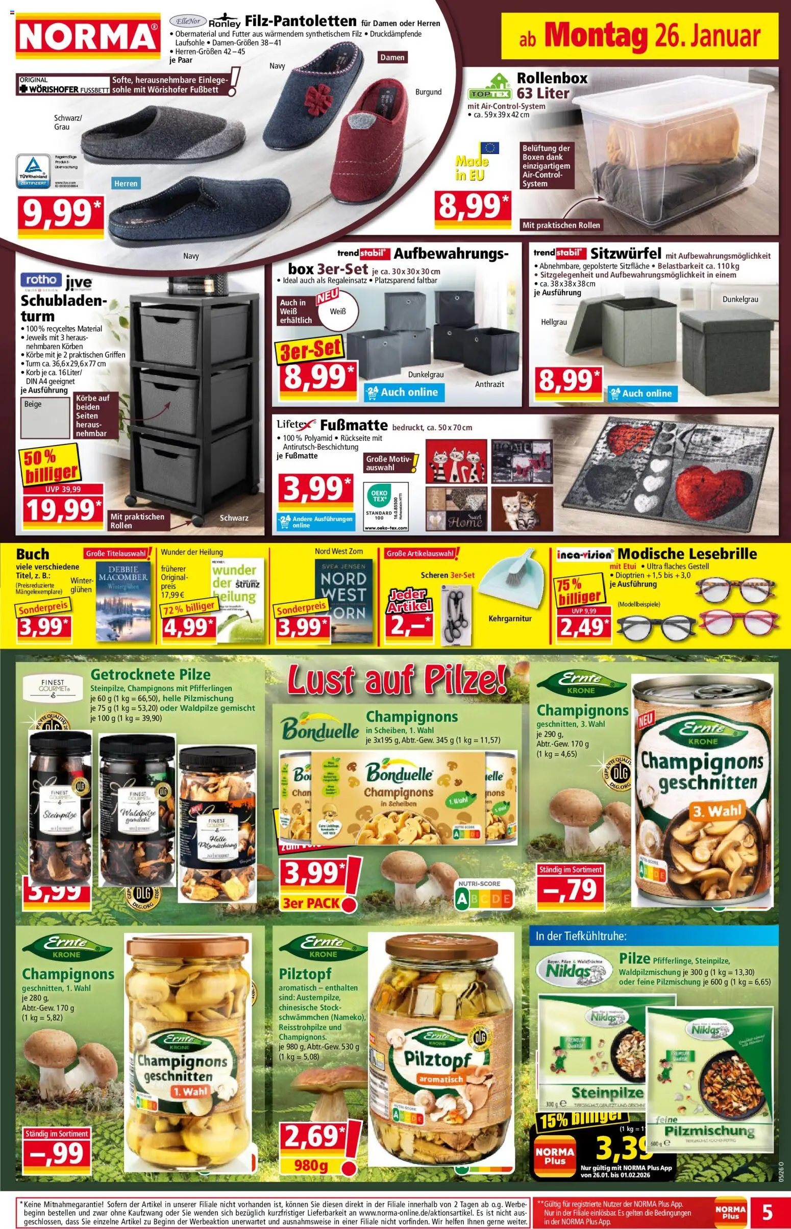 Norma Prospekt 	 – gültig ab 26.01.2026 | Seite: 5 | Produkte: Sitzwürfel, Box, Fußmatte, Champignons