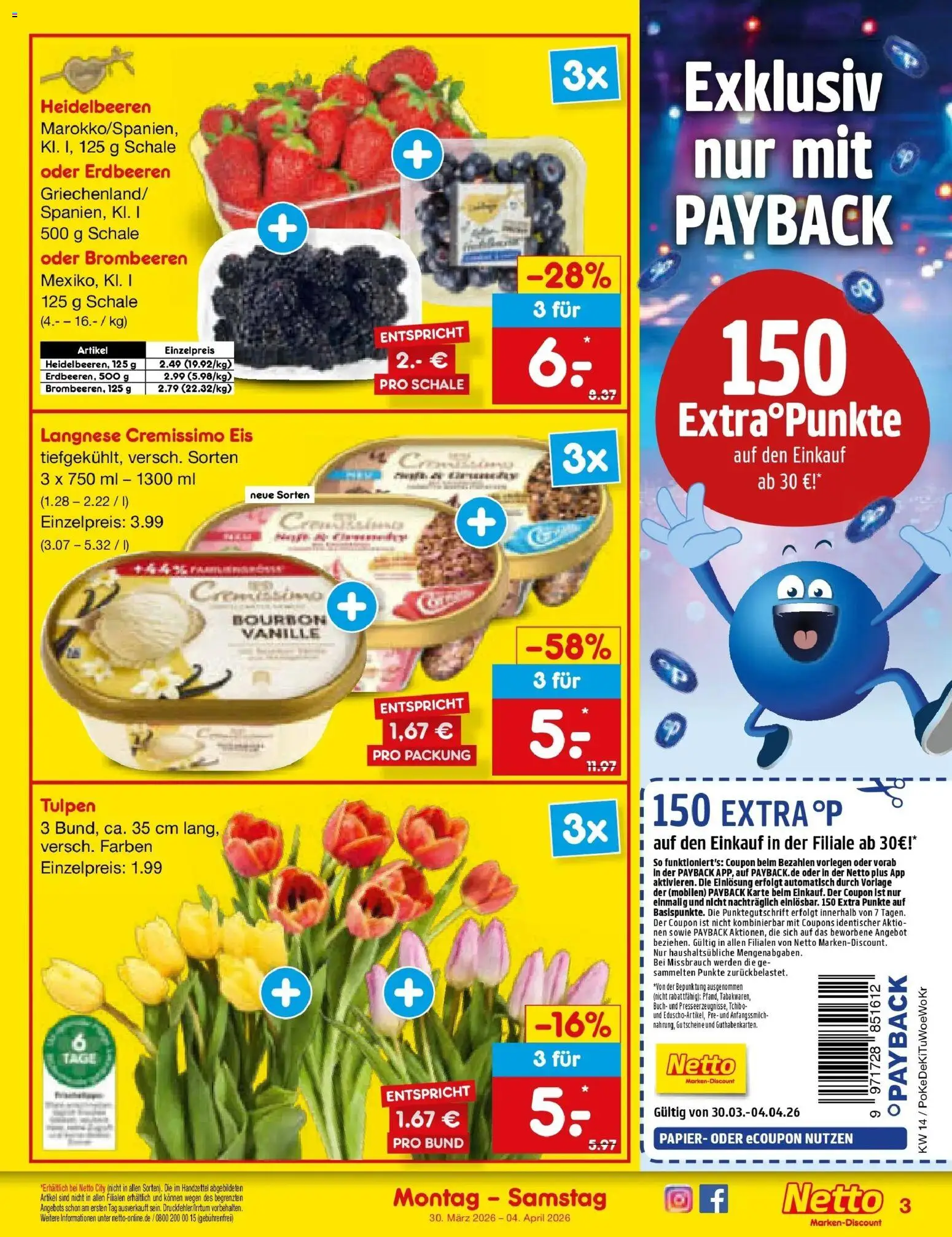 Netto Marken-Discount Prospekt Lahr-Langenwinkel	 – gültig ab 30.03.2026 | Seite: 3 | Produkte: Langnese, Langnese cremissimo, Heidelbeeren, Eis