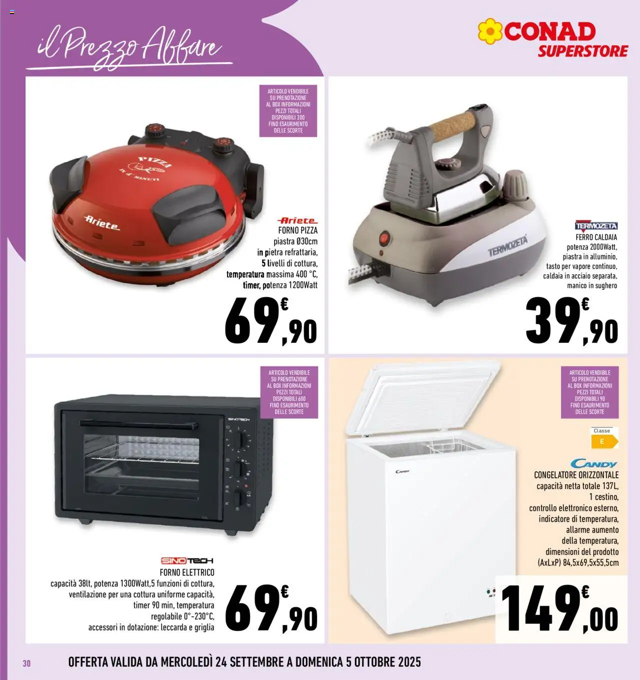 Volantino Conad del 24.09.2025 | Pagina: 30 | Prodotti: Pizza, Caldaia, Freezer, Congelatore