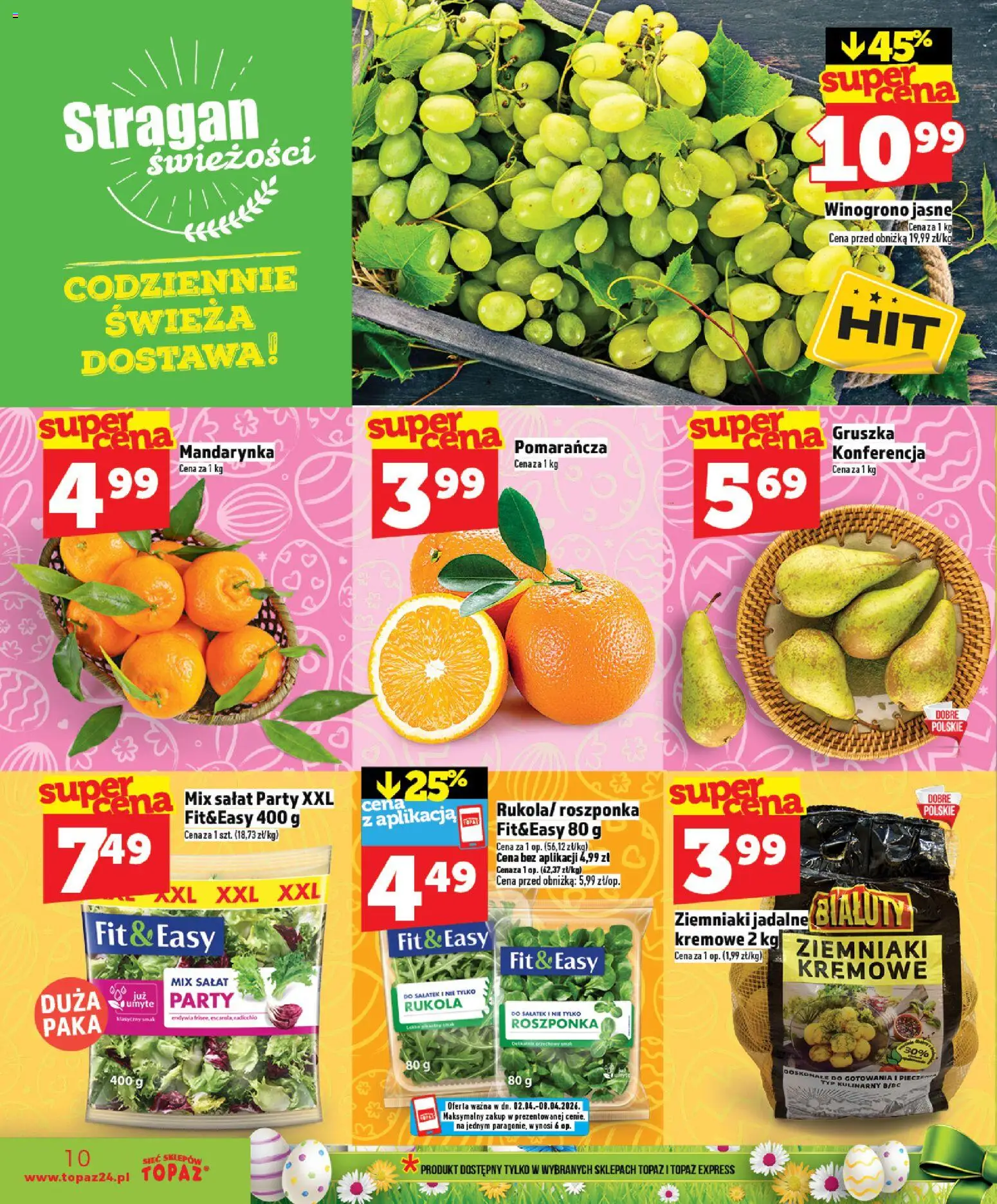 Topaz gazetka - Ceny małe na stałe od 02.04.2026 | Strona: 10 | Produkty: Winogrono, Rukola, Mix sałat, Ziemniaki