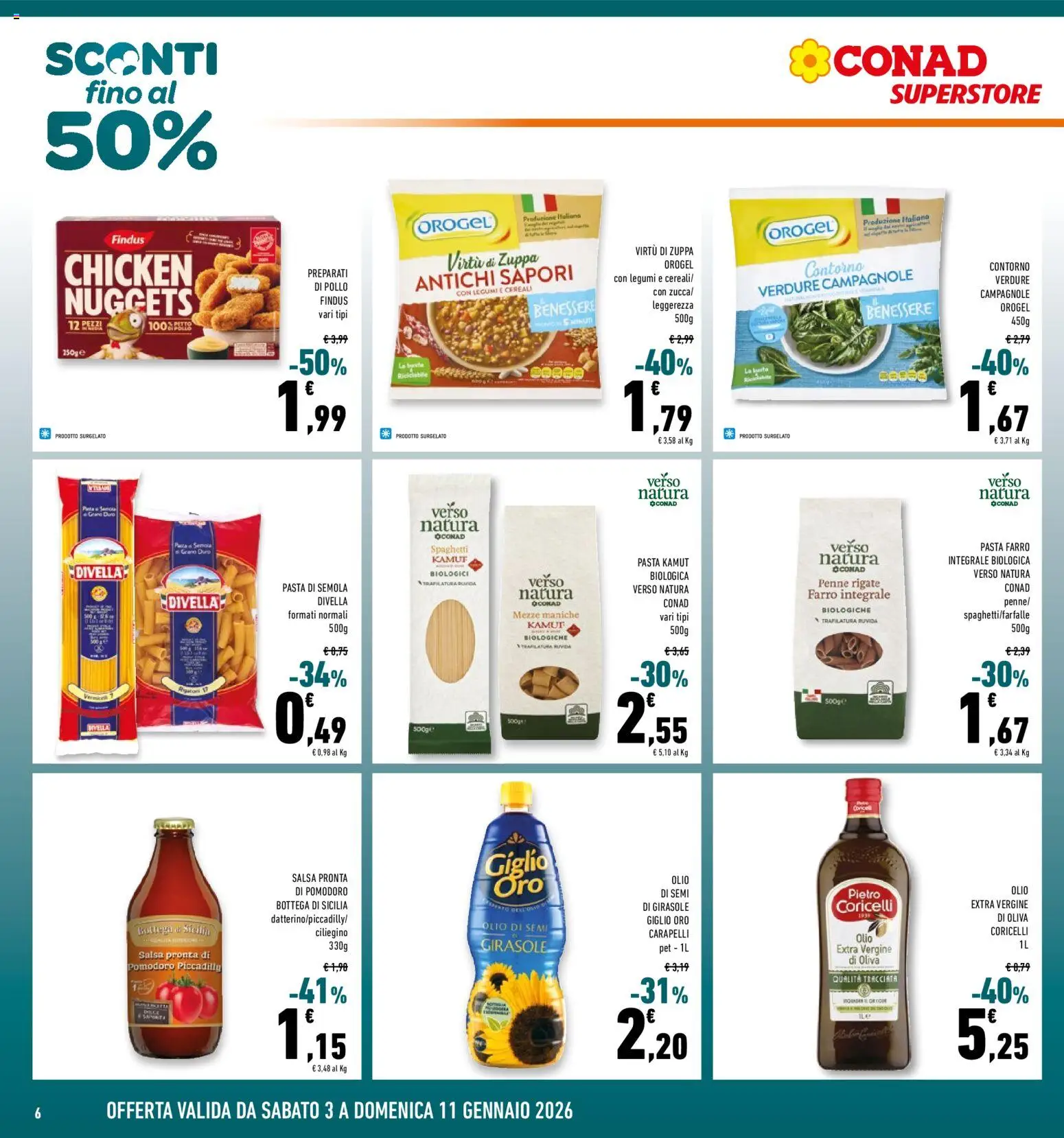 Volantino Conad del 03.01.2026 | Pagina: 6 | Prodotti: Pasta, Olio extra vergine, Olio di semi di girasole, Farro
