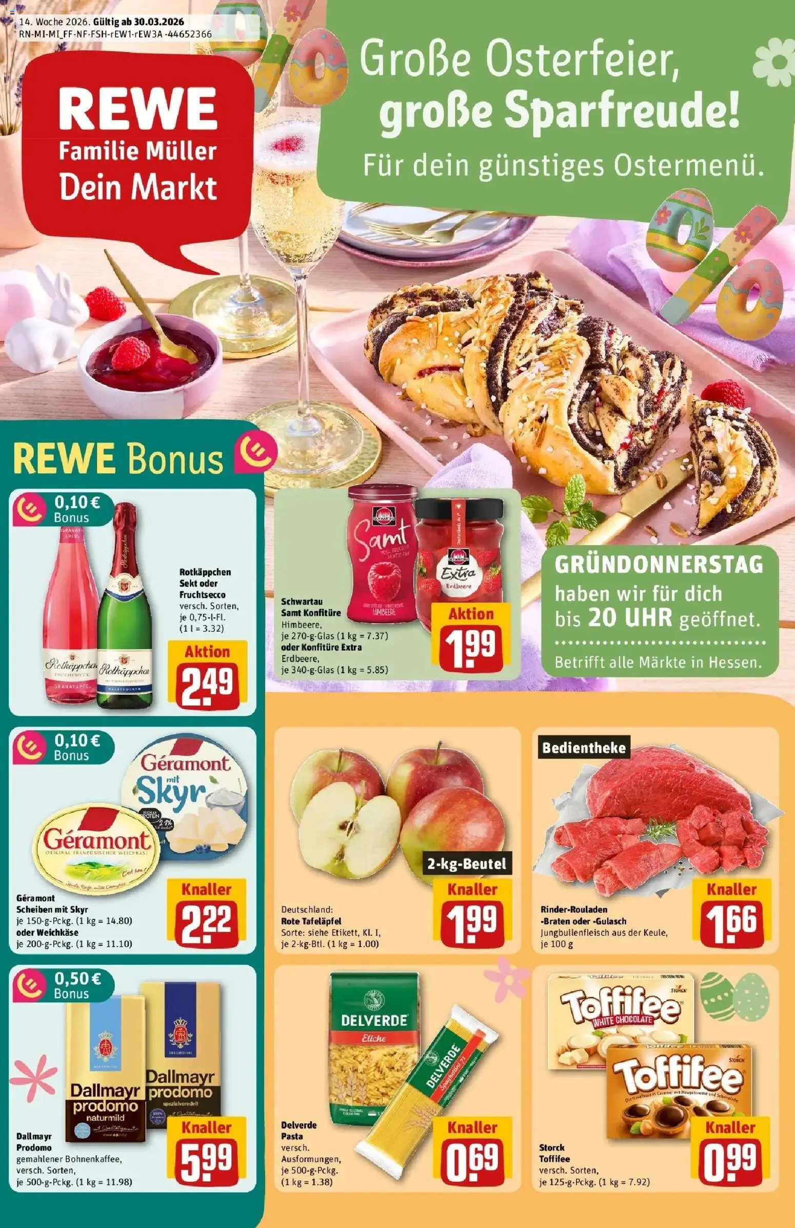 Rewe Prospekt Steffenberg / Niedereisenhausen	 – gültig ab 30.03.2026 | Seite: 1 | Produkte: Schwartau samt, Gulasch, Rotkäppchen, Uhr