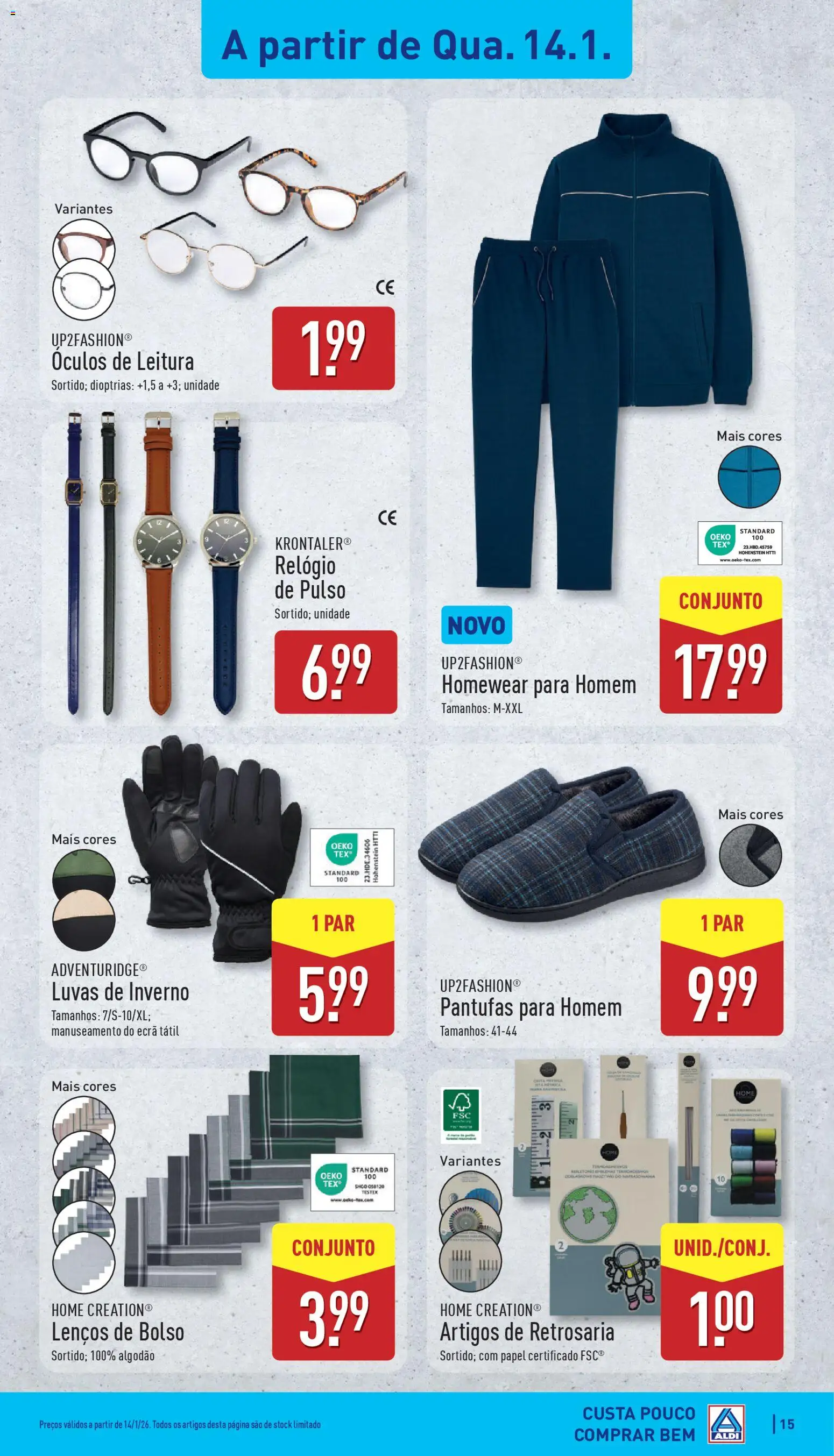Aldi folheto │ válido de 12.01.2026 | Página: 15 | Produtos: Relógio, Luvas, Óculos, Algodão