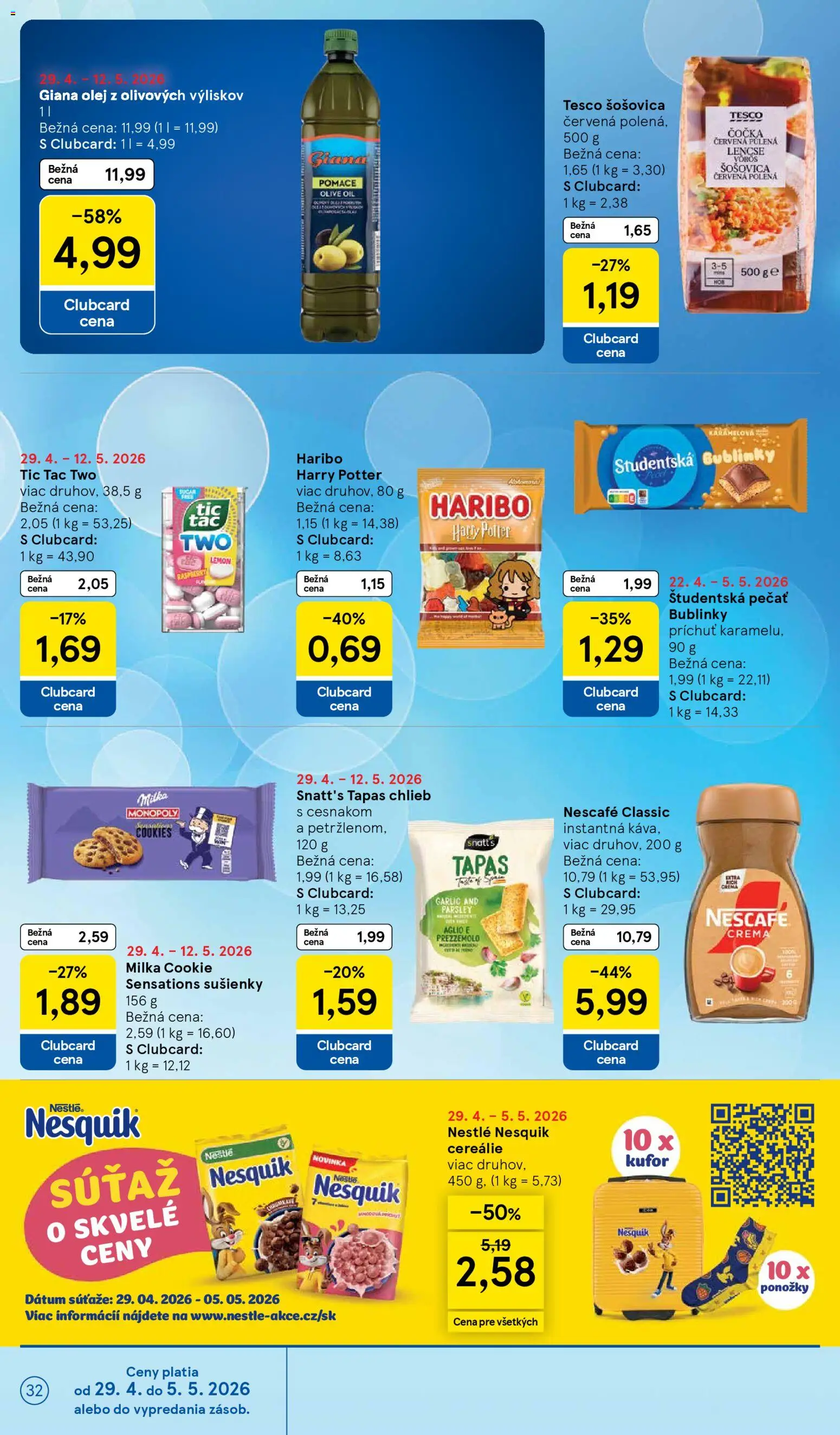 Nové Tesco akcie – leták je platný od 29.04.2026 | Strana: 32 | Produkty: Ponožky, Kufor, Nescafé Classic, Nesquik