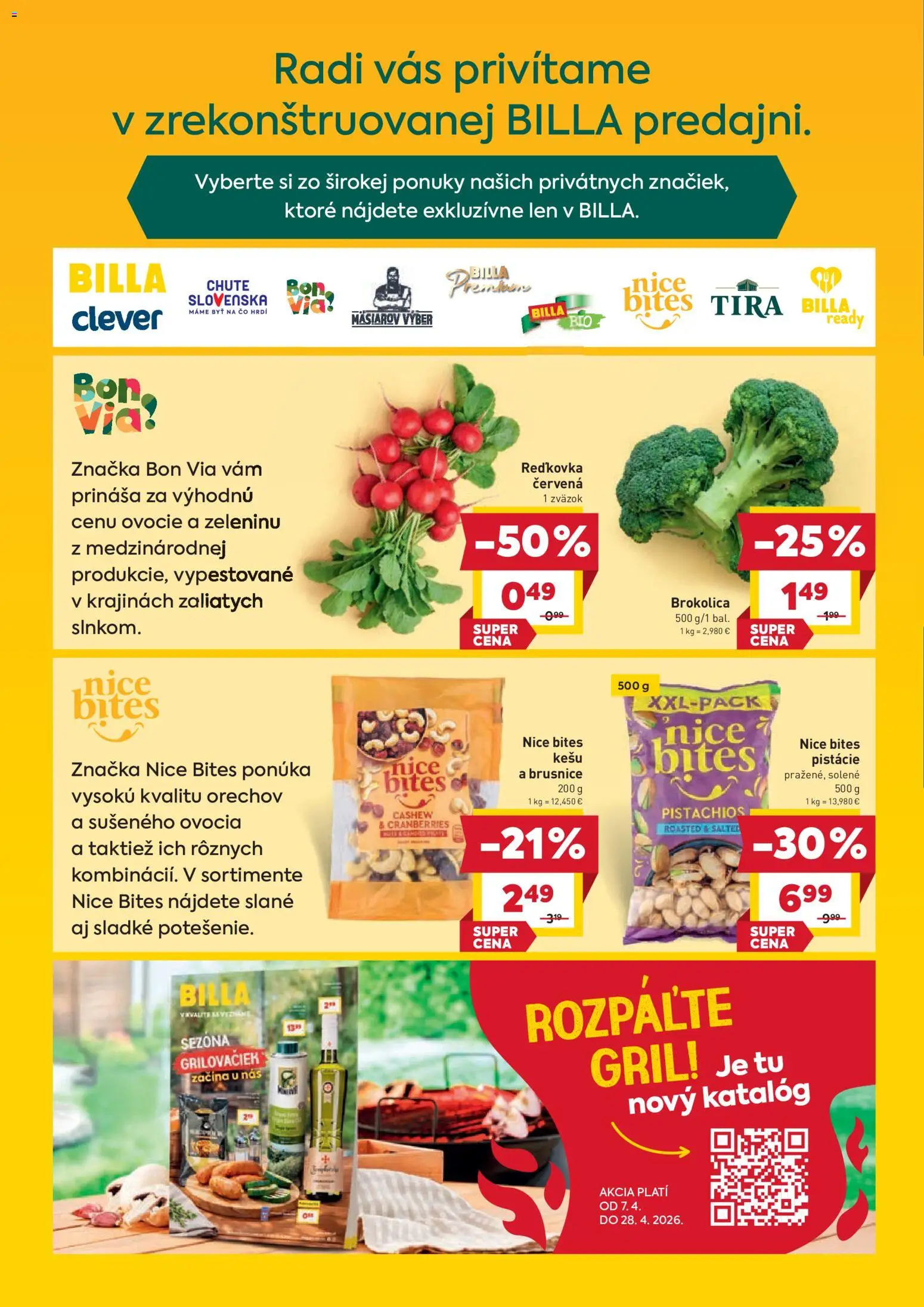 Nové Billa akcie – leták je platný od 07.04.2026 | Strana: 2 | Produkty: Gril, Pistácie, Ovocie