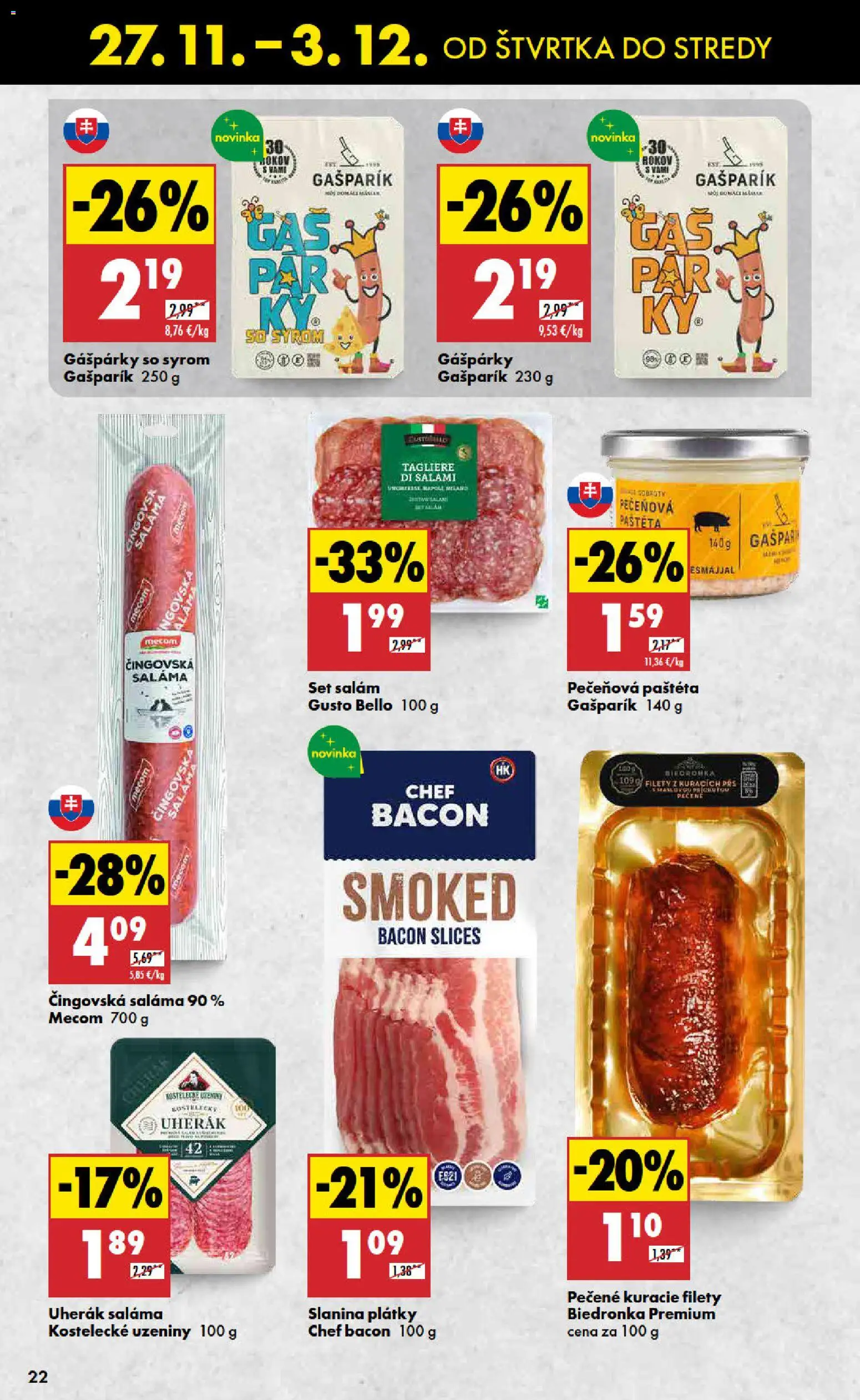 Nové Biedronka akcie – leták je platný od 27.11.2025 | Strana: 22 | Produkty: Saláma, Slanina