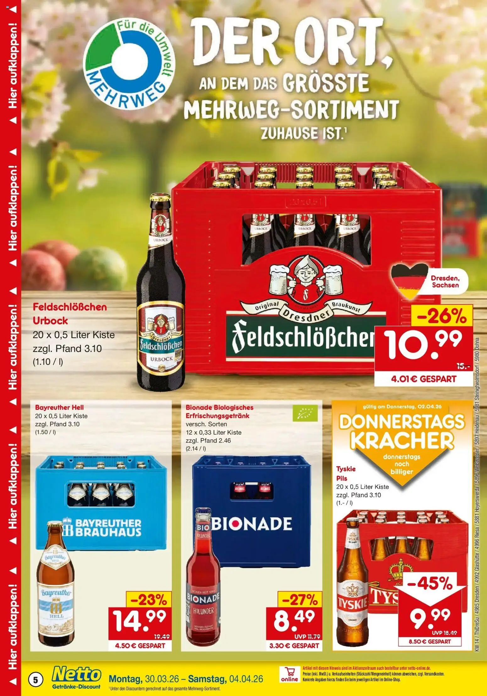 Netto Marken-Discount Prospekt Heidenau	 – gültig ab 30.03.2026 | Seite: 5 | Produkte: Bayreuther hell, Tyskie, Pils, Bionade