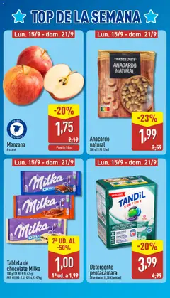 Tableta de chocolate Milka, 100 g (19,90-9,95 €/kg), PVP MEDIO: 1,49 € (14,93 €/kg) │ válido desde el 15.09.2025 | Página: 2 | Productos: Tableta, Apple, Ropa, Detergente líquido