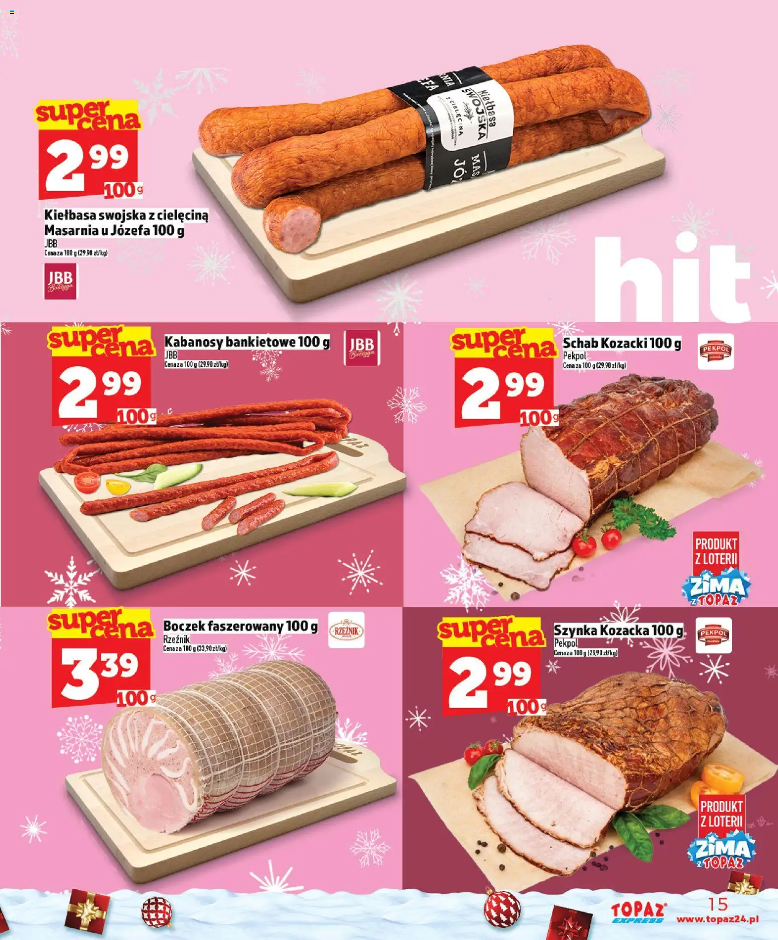 Topaz Gazetka - Express od 11.12.2025 | Strona: 15 | Produkty: Kiełbasa, Schab, Szynka, Boczek