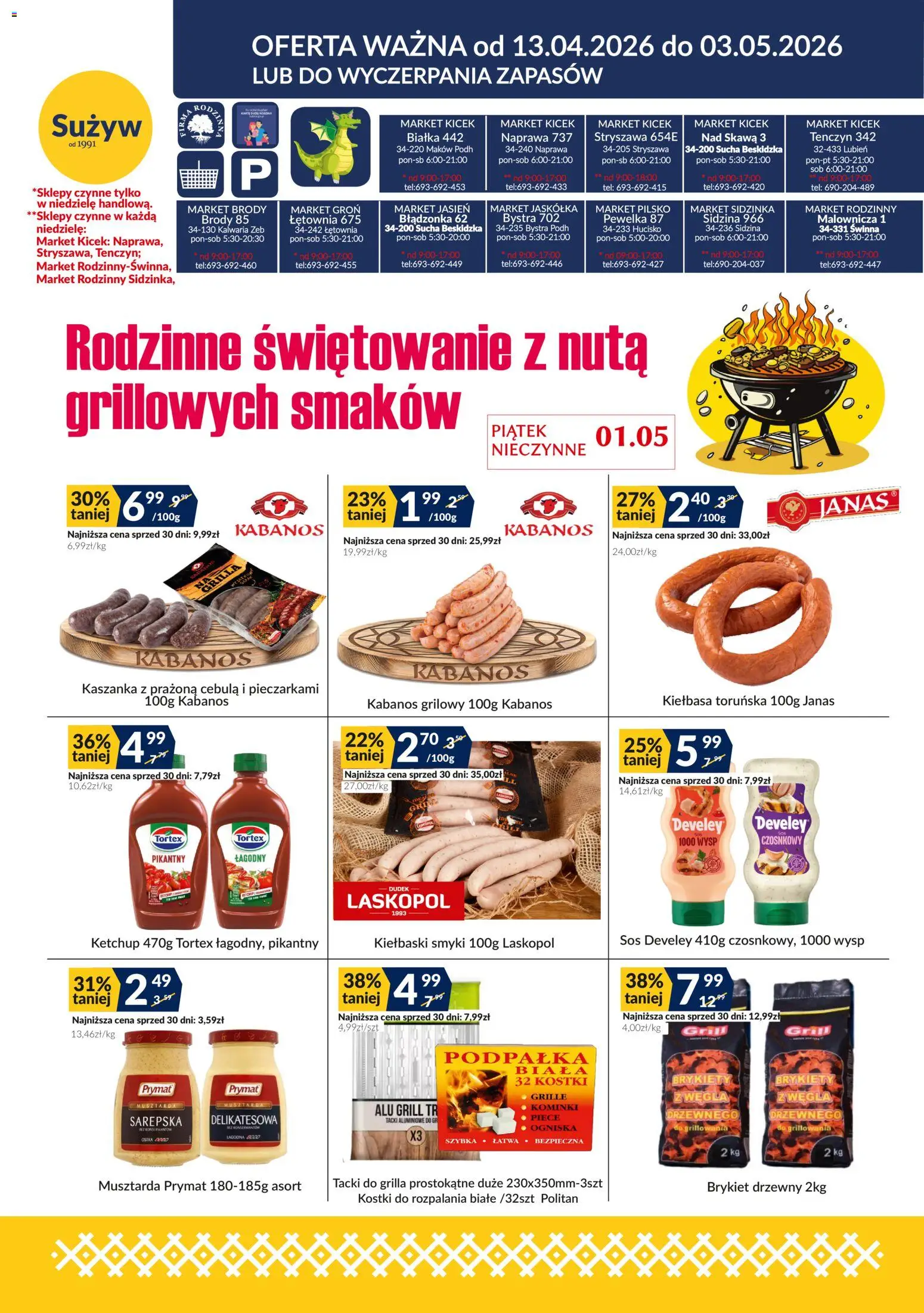 Sużyw gazetka od 13.04.2026 | Strona: 1 | Produkty: Grill, Kaszanka, Kiełbaski, Sos