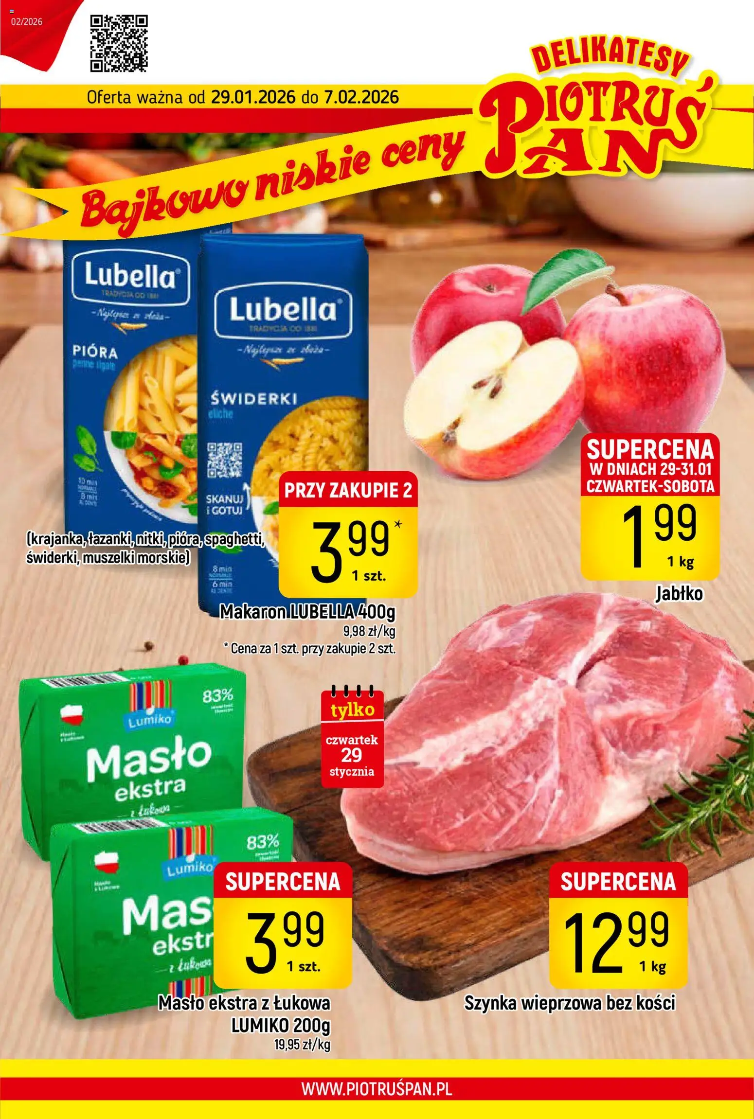 Piotruś Pan Gazetka od 29.01.2026 | Strona: 1 | Produkty: Szynka wieprzowa, Delikatesy, Masło, Makaron