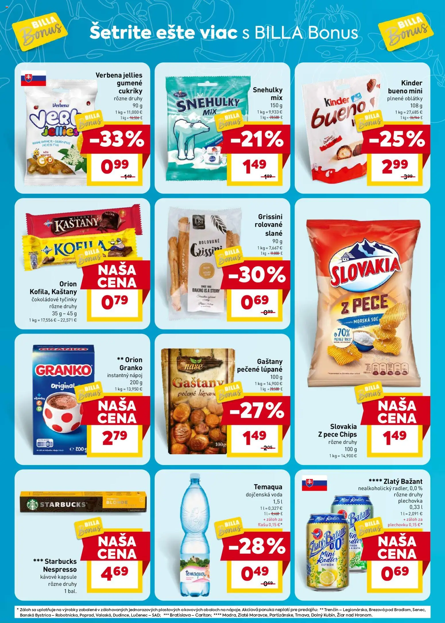 Nové Billa akcie – leták je platný od 29.04.2026 | Strana: 6 | Produkty: Gaštany, Kinder, Voda, Rádio