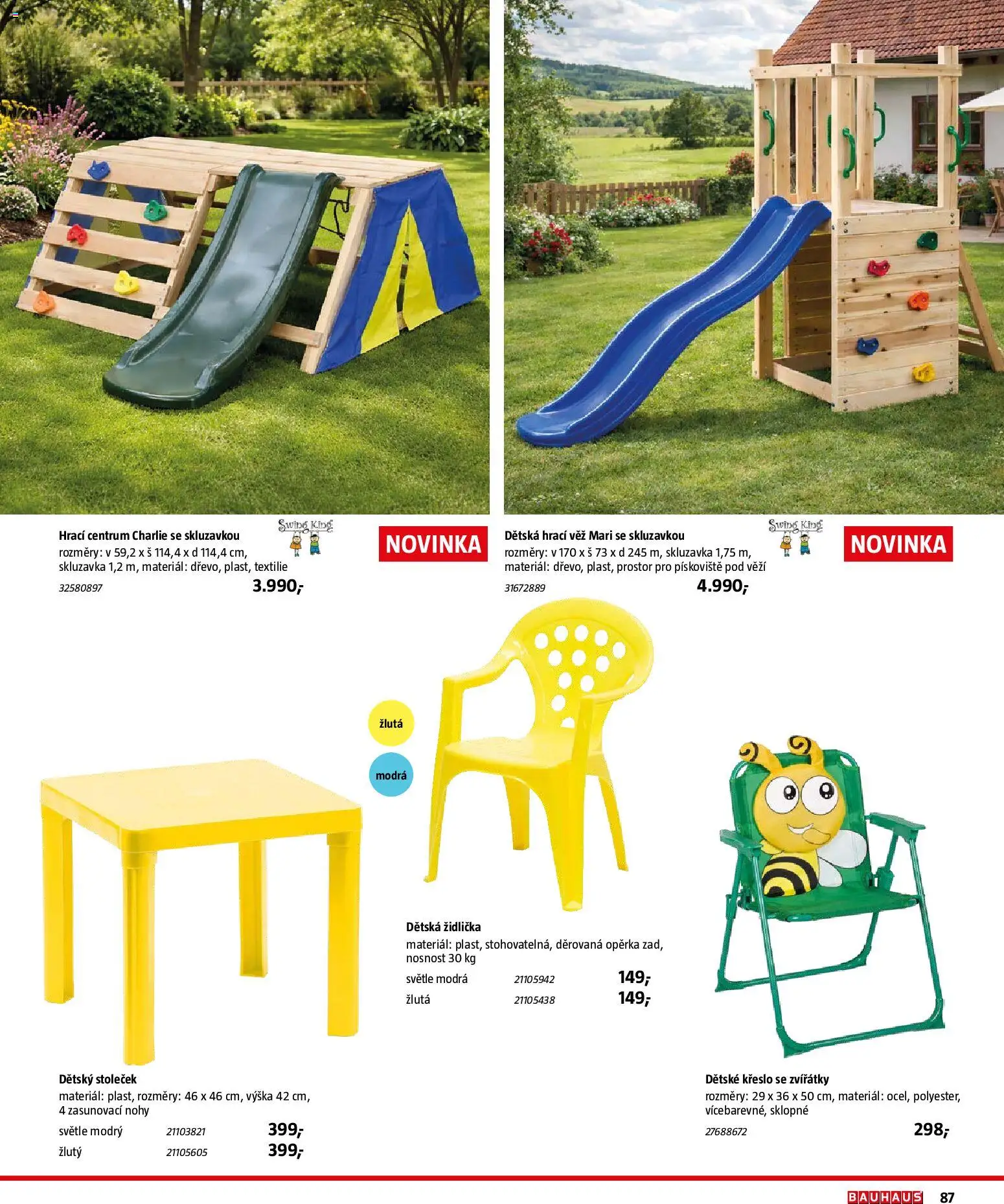 Bauhaus katalog Záhradní nábytek od 08.04.2026 | Strana: 87 | Produkty: Skluzavka, Pískoviště, Dětská židlička, Křeslo
