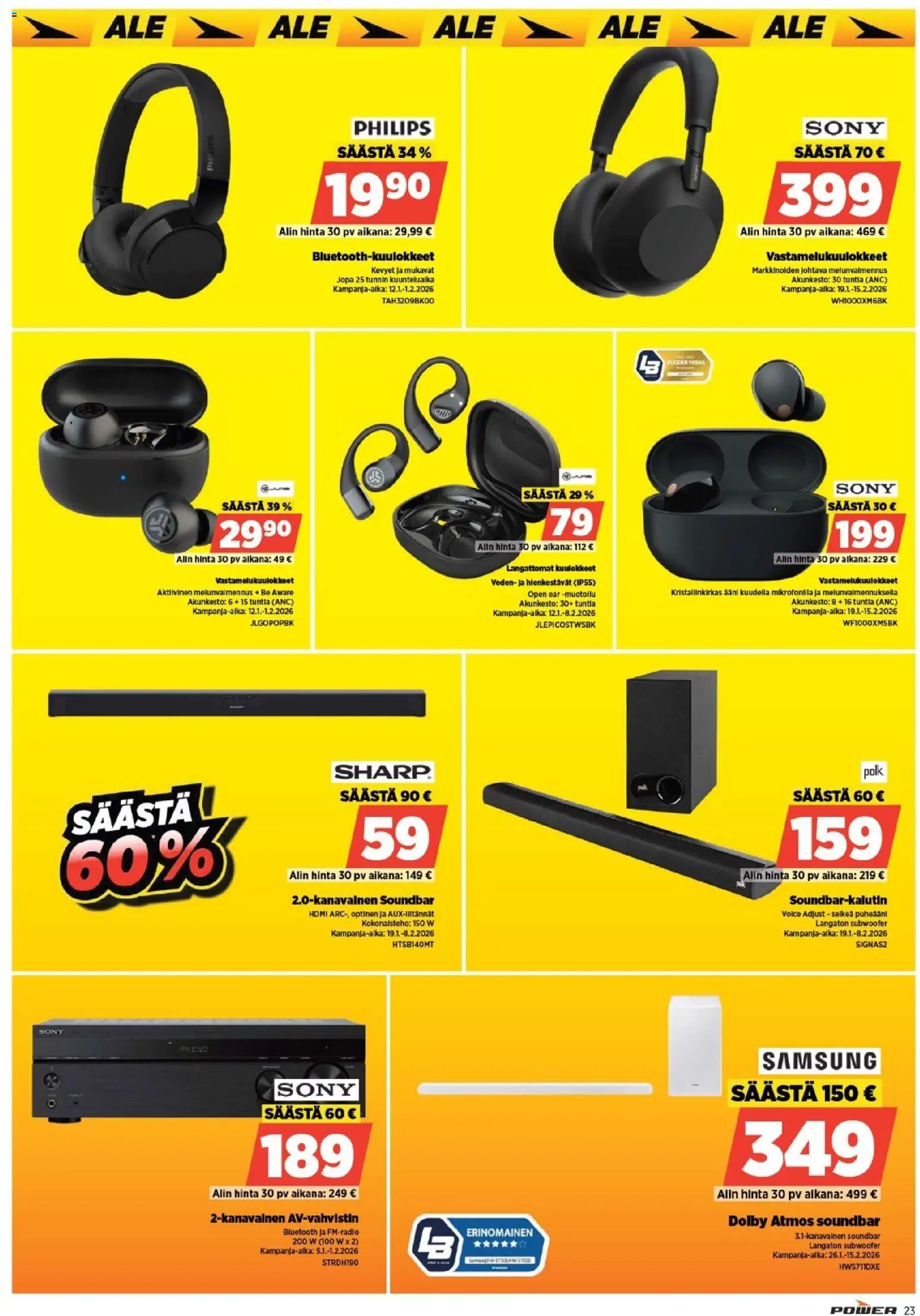 Power tarjoukset – voimassa 26.01.2026 alkaen | Sivu: 26 | Tuotteet: Vastamelukuulokkeet, Soundbar, Langattomat kuulokkeet, Kuulokkeet