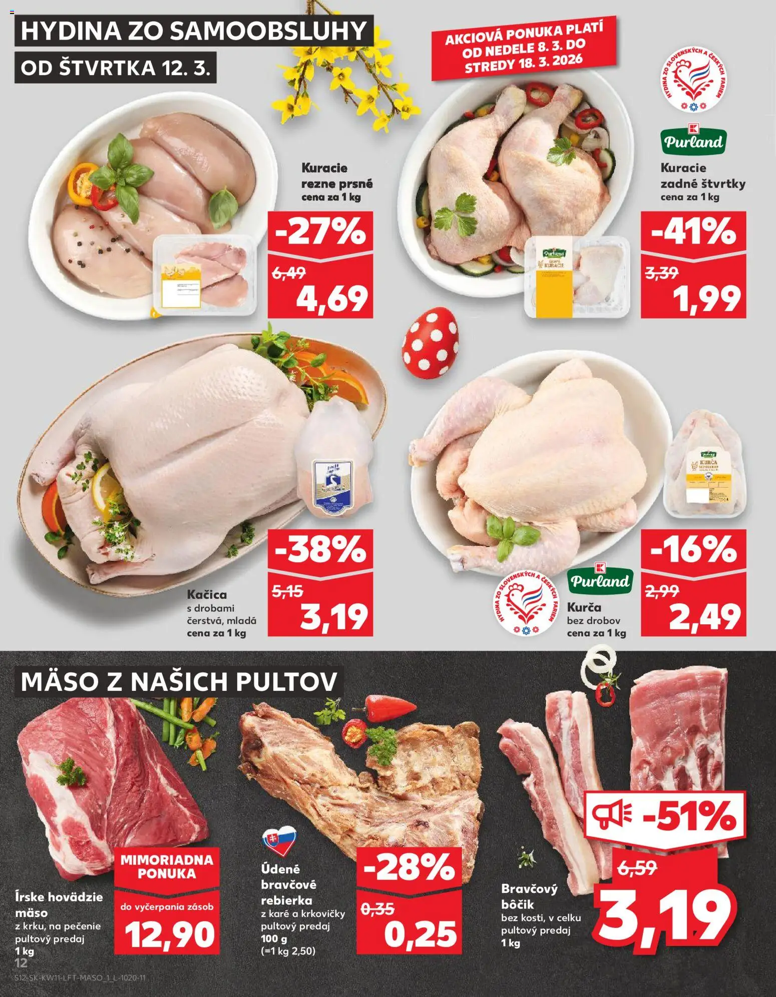 Nové Kaufland akcie – leták je platný od 12.03.2026 | Strana: 12 | Produkty: Hovädzie mäso, Kačica, Kuracie rezne, Kurča