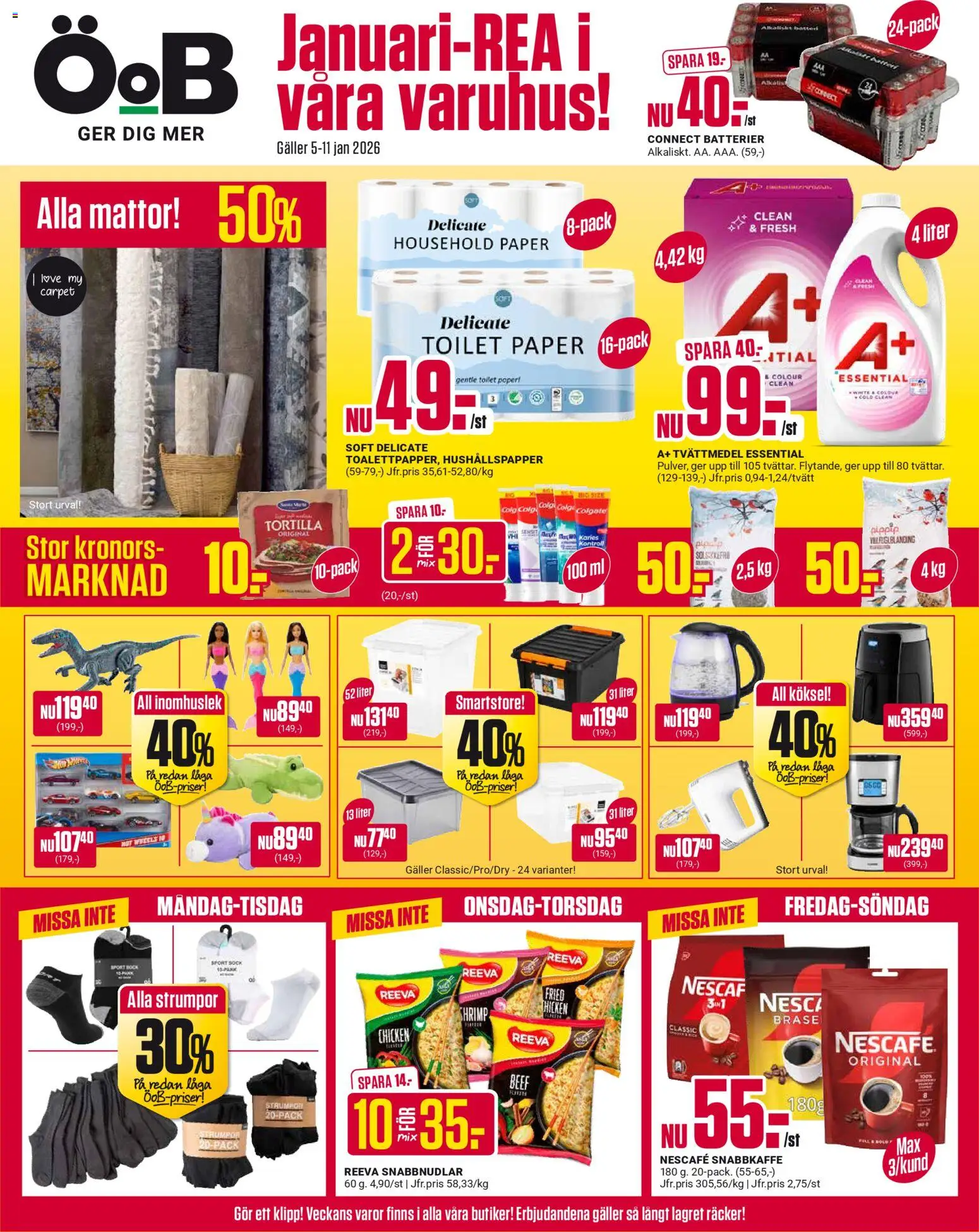 ÖoB reklamblad aktuell från 05.01.2026 | Sida: 1 | Produkter: Tvättmedel, Tortilla, Galler, Strumpor