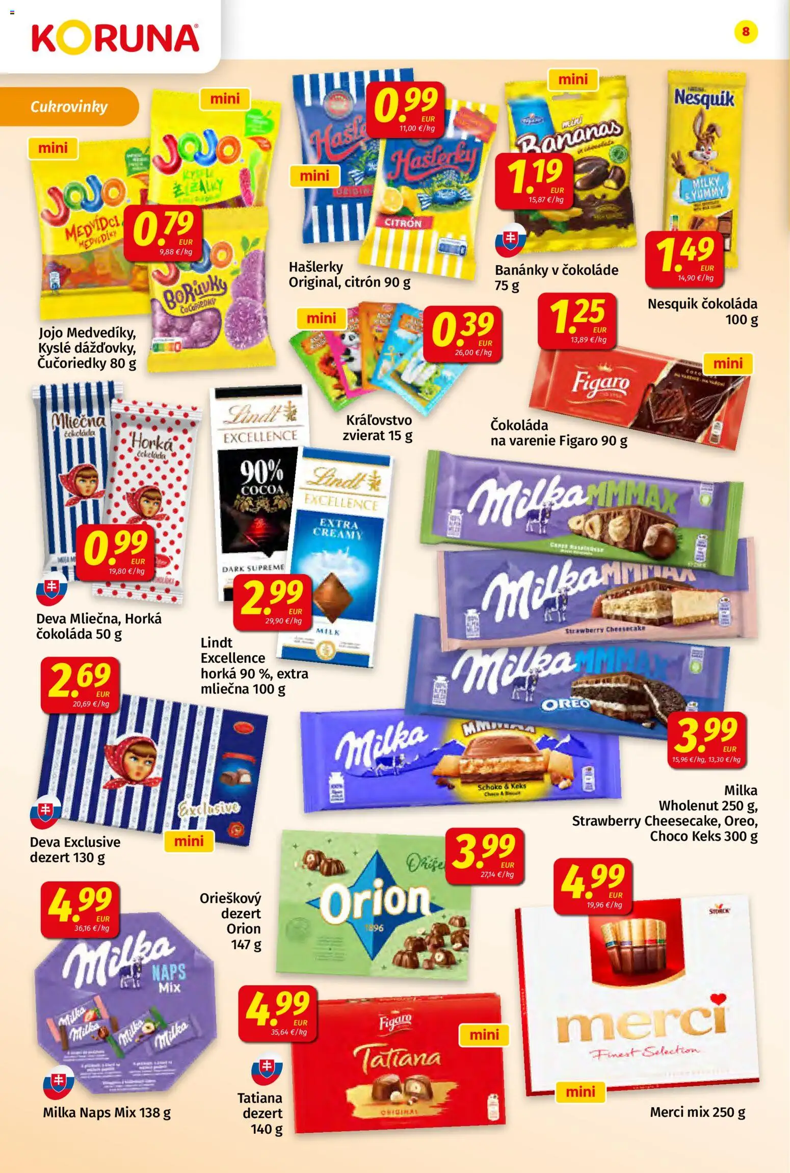 Nové Koruna akcie – leták je platný od 24.10.2025 | Strana: 8 | Produkty: Lindt, Merci, Čokoláda, Čučoriedky