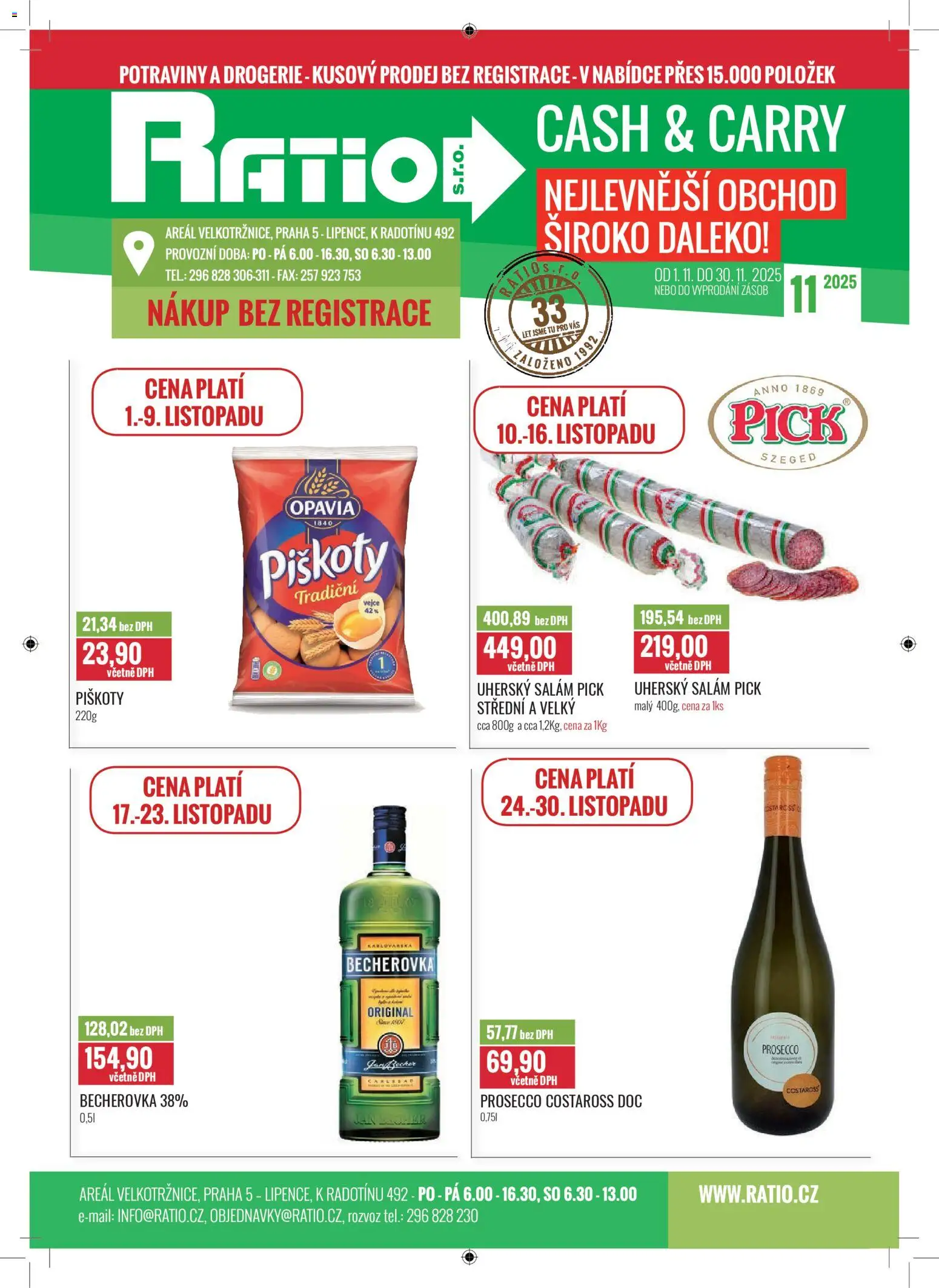 Ratio leták od 01.11.2025 | Strana: 1 | Produkty: Uherský salám, Potraviny, Becherovka, Drogerie