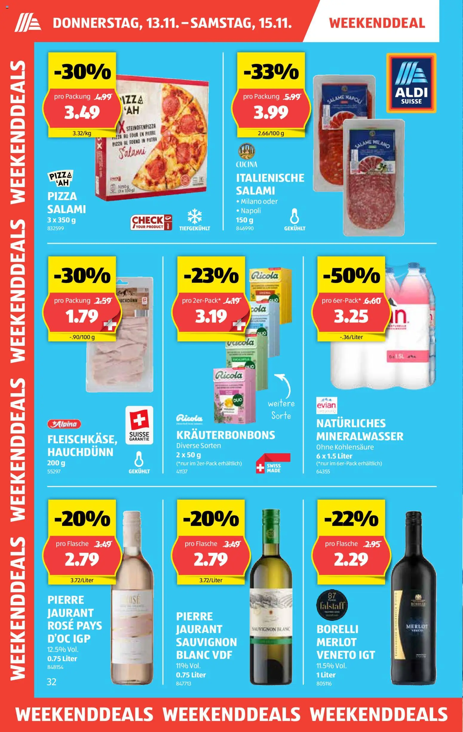 Aldi Aktionen – gültig ab 13.11.2025 | Seite: 2 | Produkte: Merlot, Mineralwasser, Salami, Pizza