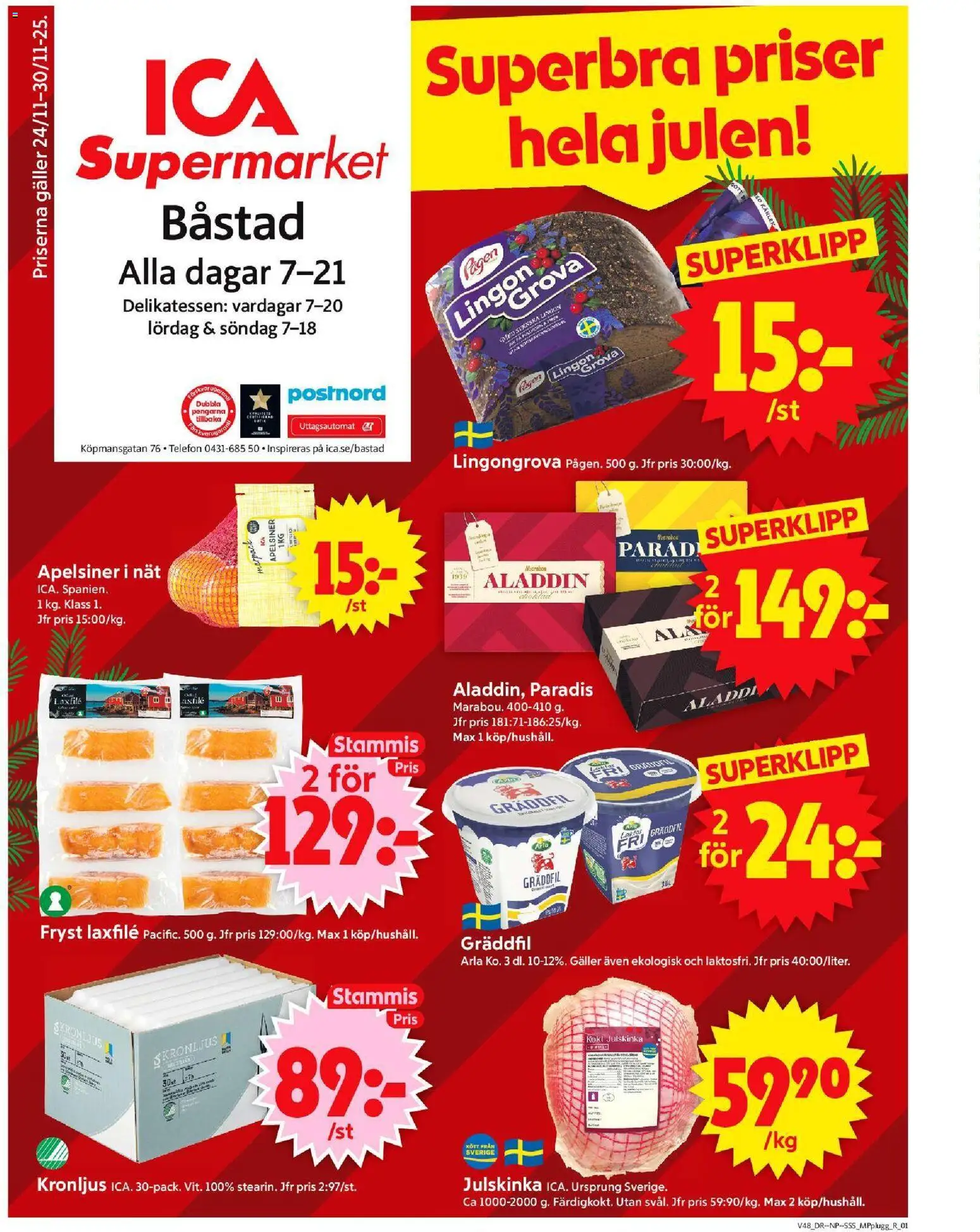 ICA Supermarket reklamblad aktuell från 24.11.2025 | Sida: 1 | Produkter: Lingongrova, Galler, Apelsiner, Telefon
