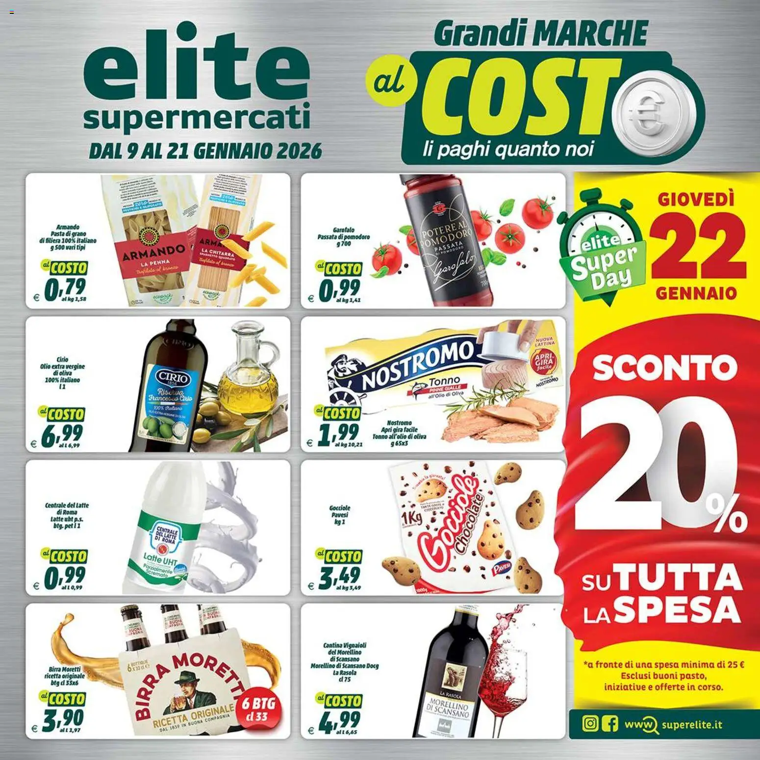 Volantino Elite Supermercati del 09.01.2026 | Pagina: 1 | Prodotti: Pomodoro, Olio, Birra Moretti, Passata di pomodoro