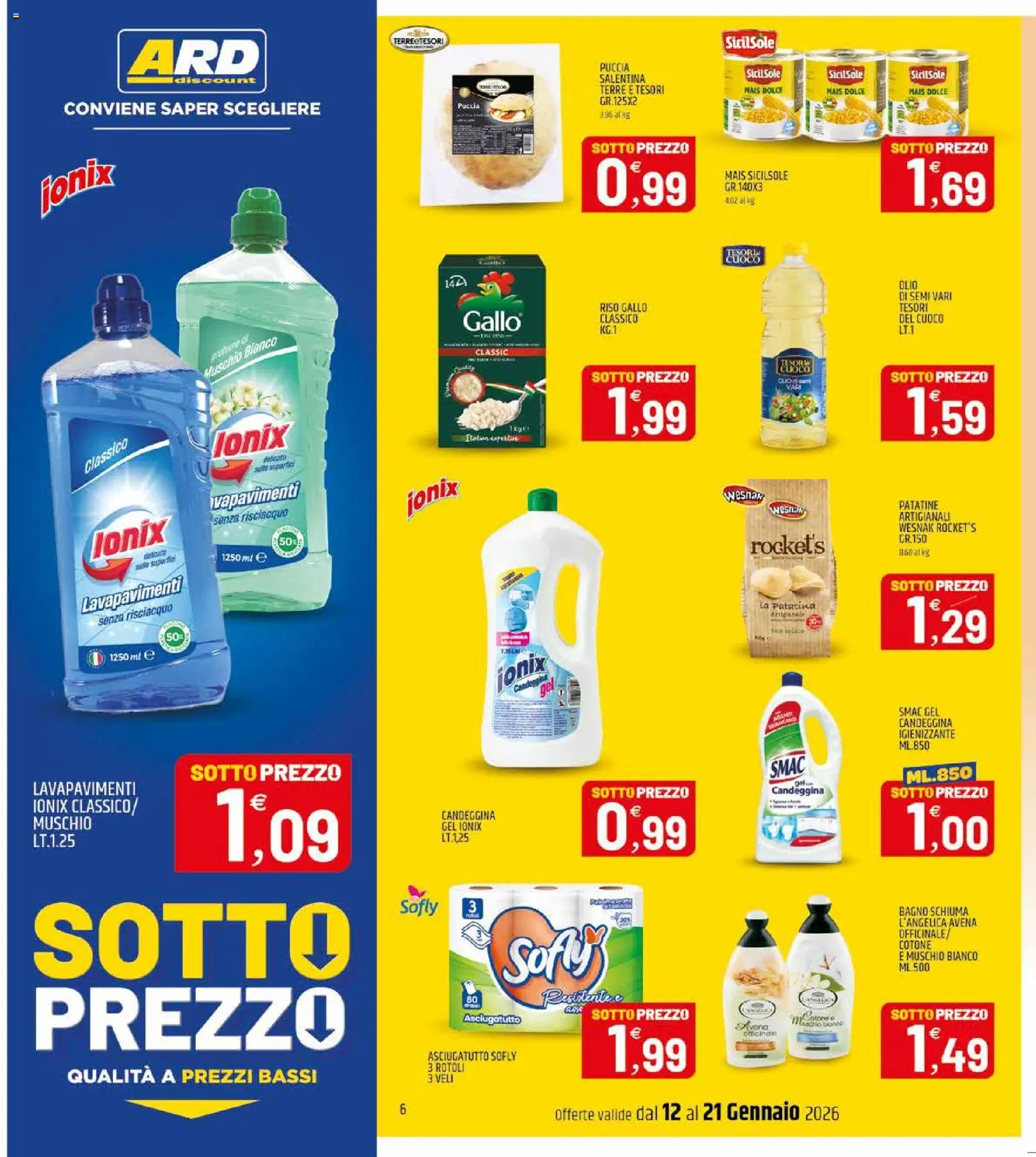 Volantino ARD Discount del 12.01.2026 | Pagina: 6 | Prodotti: Riso, Candeggina, Mais, Asciugatutto
