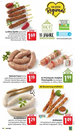 Im Frischepack: Hofglück Fleischspieße mit Zwiebeln, und Paprika, ca. 450 g, 100 g ab 19.04.2026 gültig | Seite: 9 | Produkte: Schweinebauch, Bratwurst, Spieße, Zwiebeln