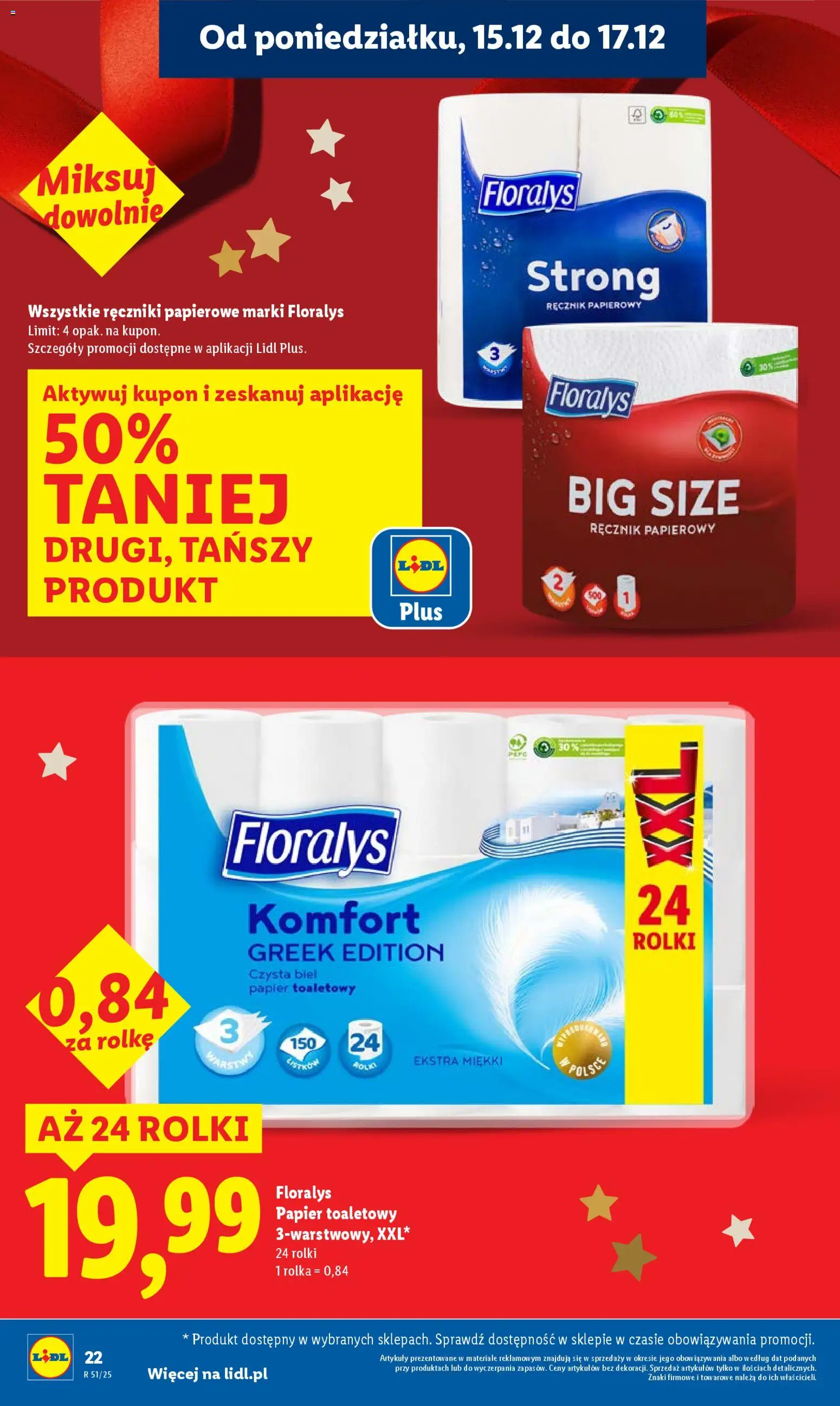 Lidl Gazetka od 15.12.2025 | Strona: 22 | Produkty: Papier toaletowy, Rolki, Ręczniki papierowe, Ręcznik papierowy