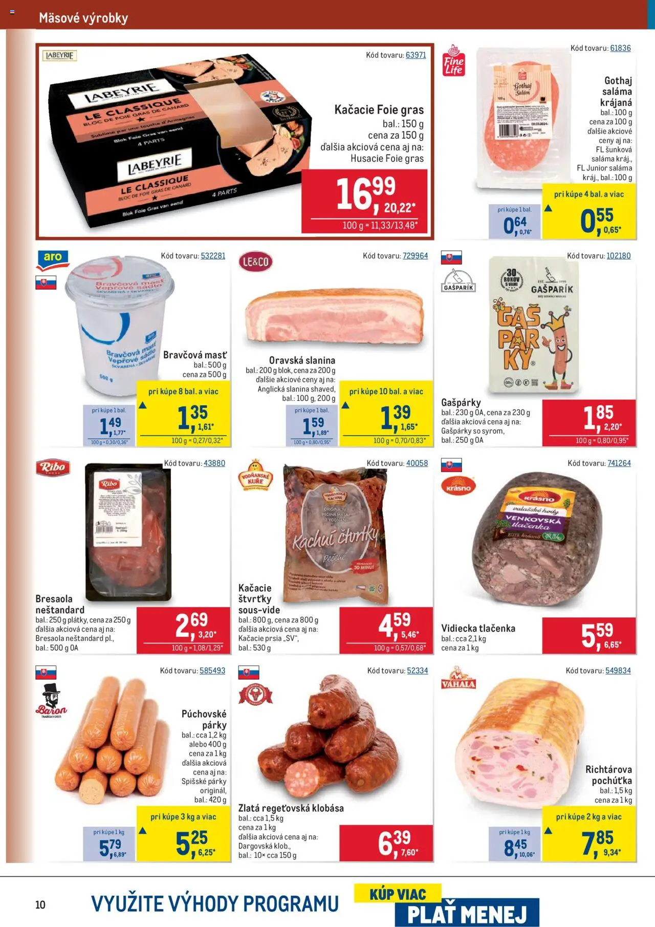 Nové Metro akcie – leták je platný od 08.10.2025 | Strana: 10 | Produkty: Saláma, Kačacie prsia, Slanina, Klobása
