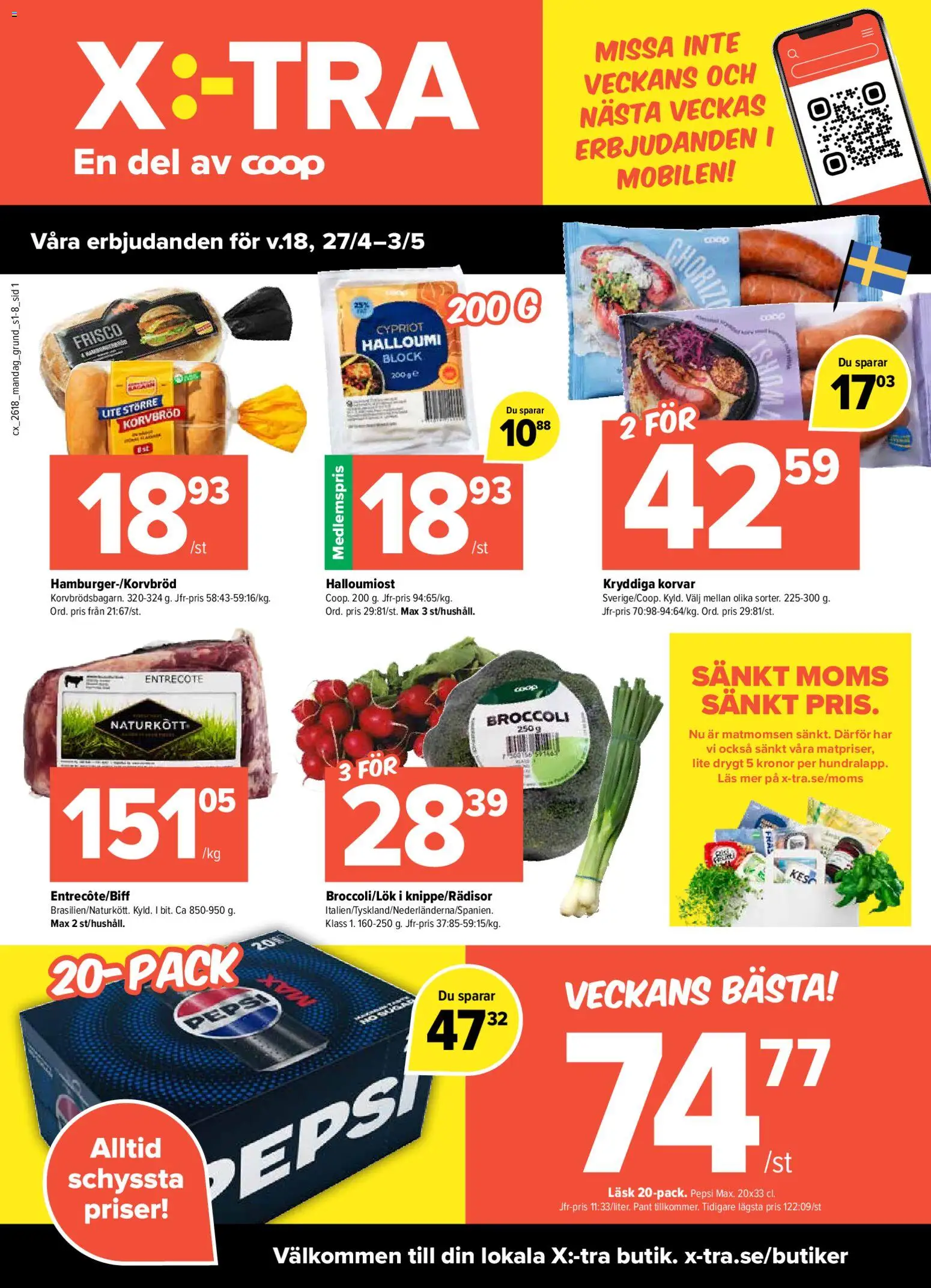 Coop X:-TRA reklamblad aktuell från 27.04.2026 | Sida: 1 | Produkter: Entrecote, Korvbröd, Pepsi, Chorizo