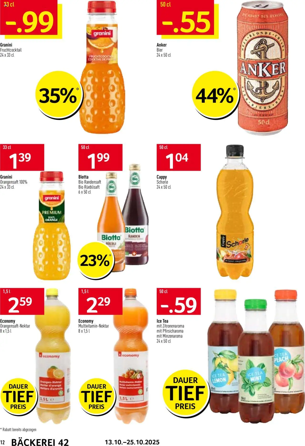 Prodega Aktionen Bäckerei – gültig ab 13.10.2025 | Seite: 12 | Produkte: Bäckerei, Orangensaft, Bier