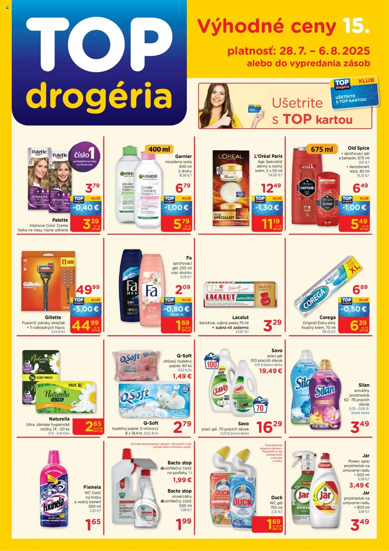 TOP Drogéria leták │ platný od 28.07.2025 | Strana: 1 | Produkty: Strojček, Wc, Silan, Zubná pasta