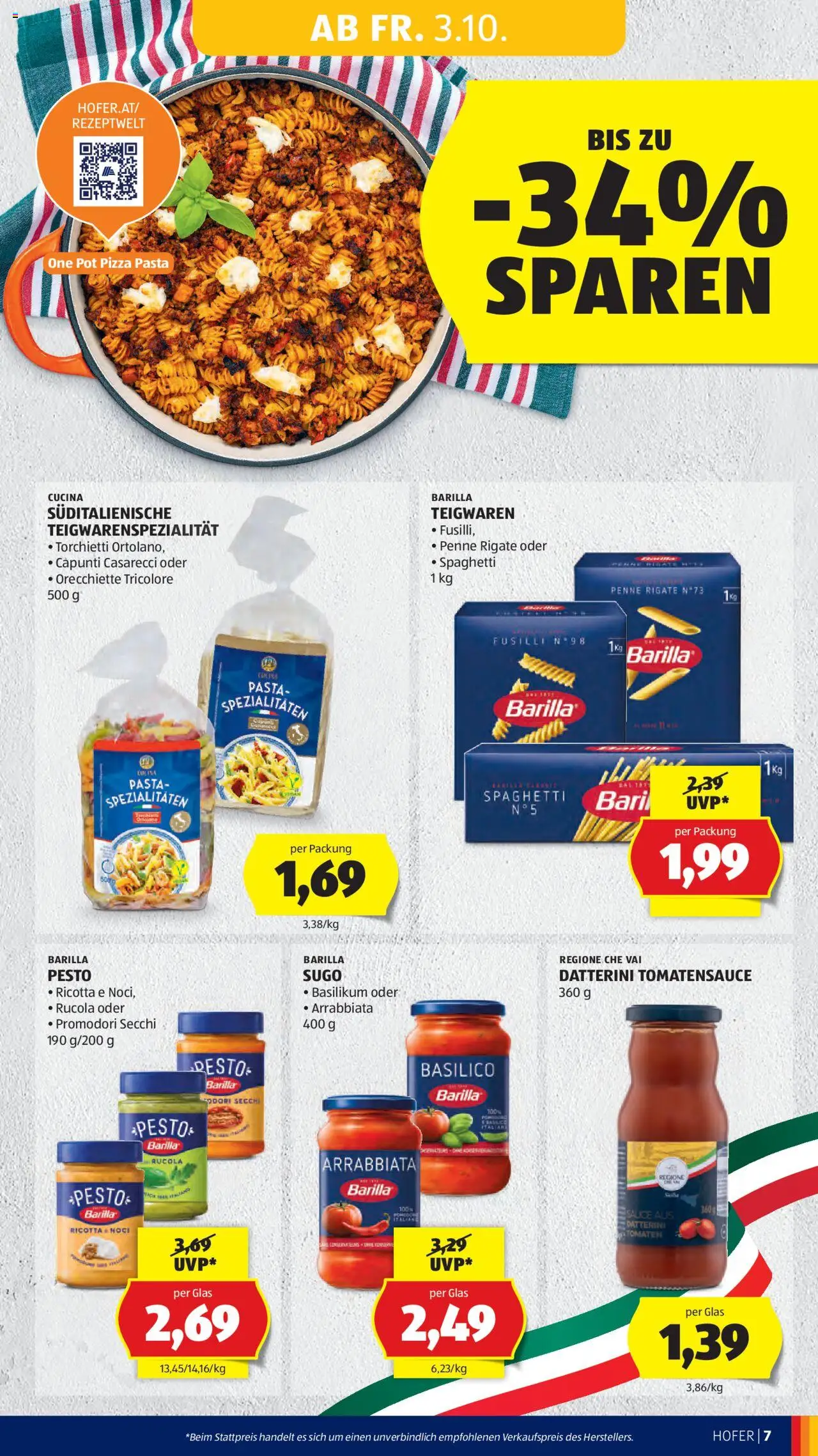 Hofer Flugblatt gültig ab 03.10.2025 | Seite: 9 | Produkte: Pasta, Hajdina liszt, Pizza, Tomaten