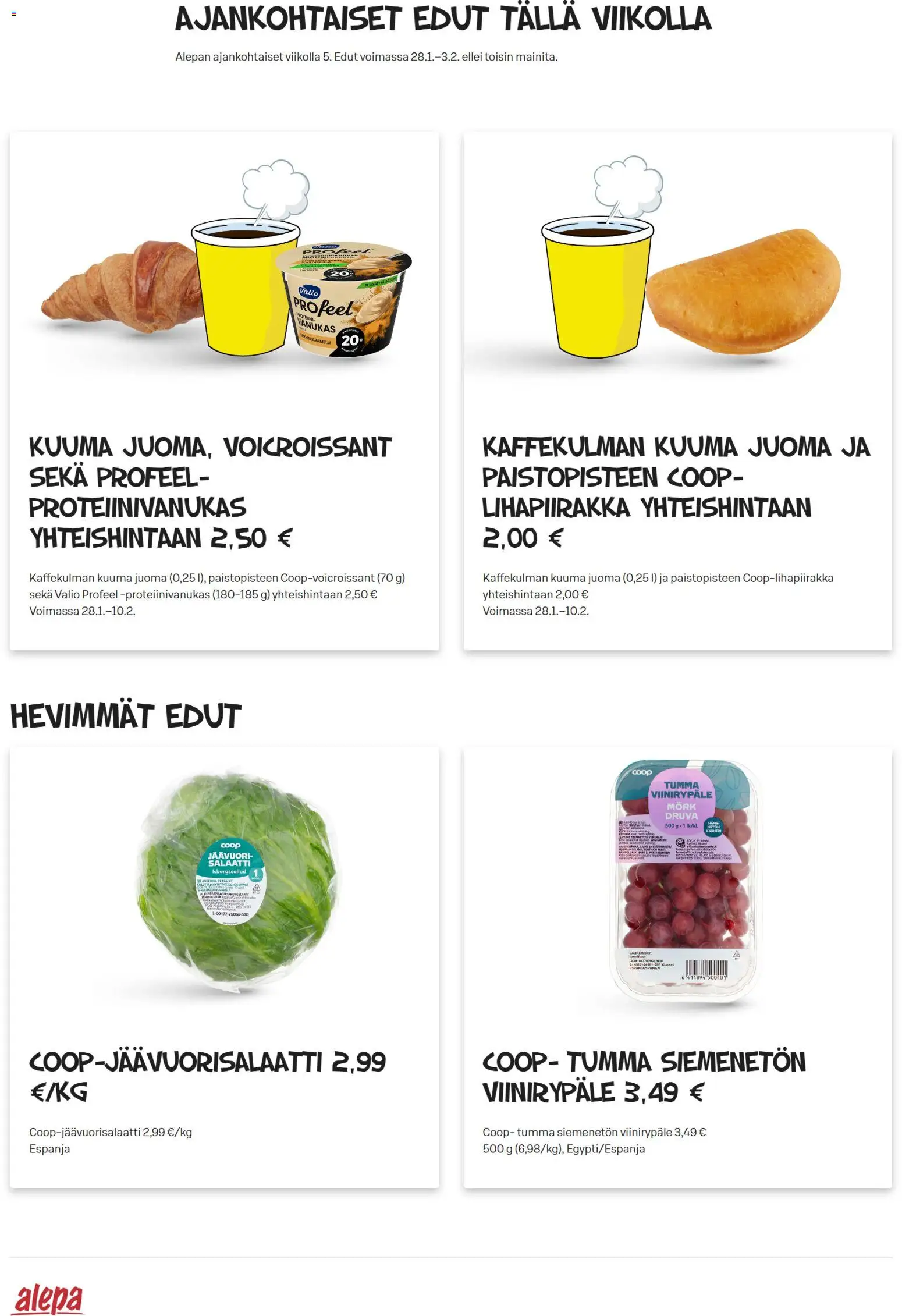 Alepa tarjoukset – voimassa 28.01.2026 alkaen | Sivu: 1 | Tuotteet: Salaatti, Proteiinivanukas