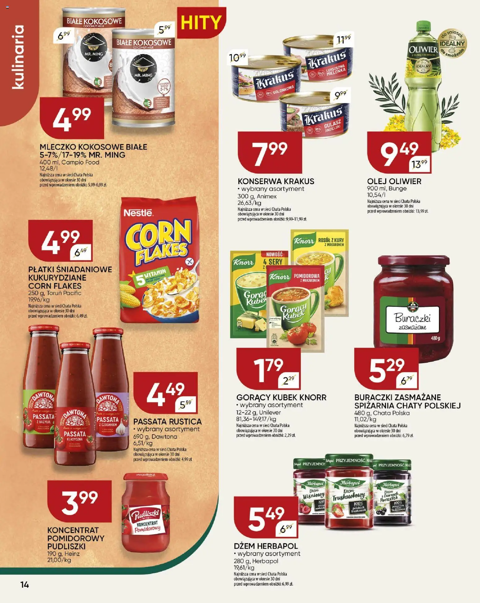 Chata Polska Gazetka od 08.01.2026 | Strona: 14 | Produkty: Koncentrat pomidorowy, Dżem, Olej, Corn Flakes
