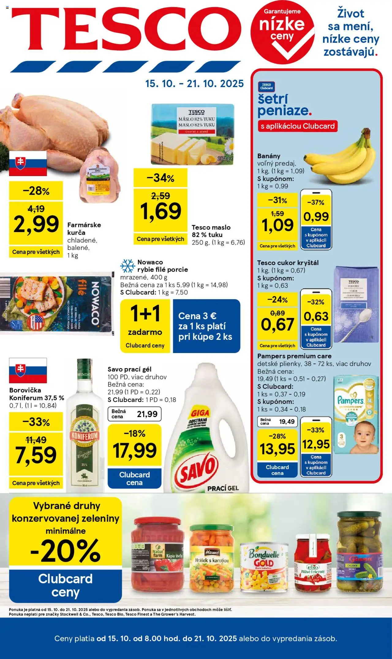 Nové Tesco akcie – leták je platný od 15.10.2025 | Strana: 1 | Produkty: Borovička, Savo, Koniferum, Kápia
