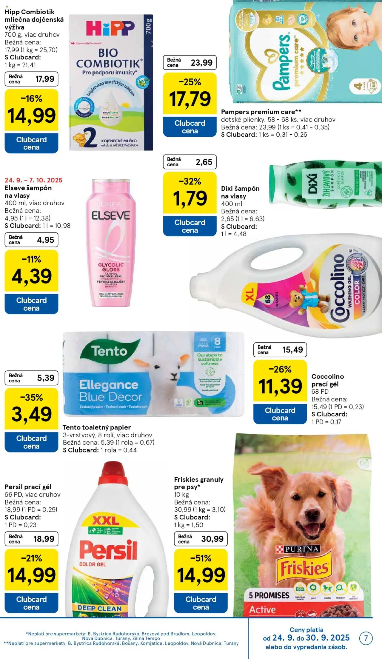 Nové Tesco akcie – leták je platný od 24.09.2025 | Strana: 7 | Produkty: Friskies, Pampers Premium Care, Persil, Coccolino