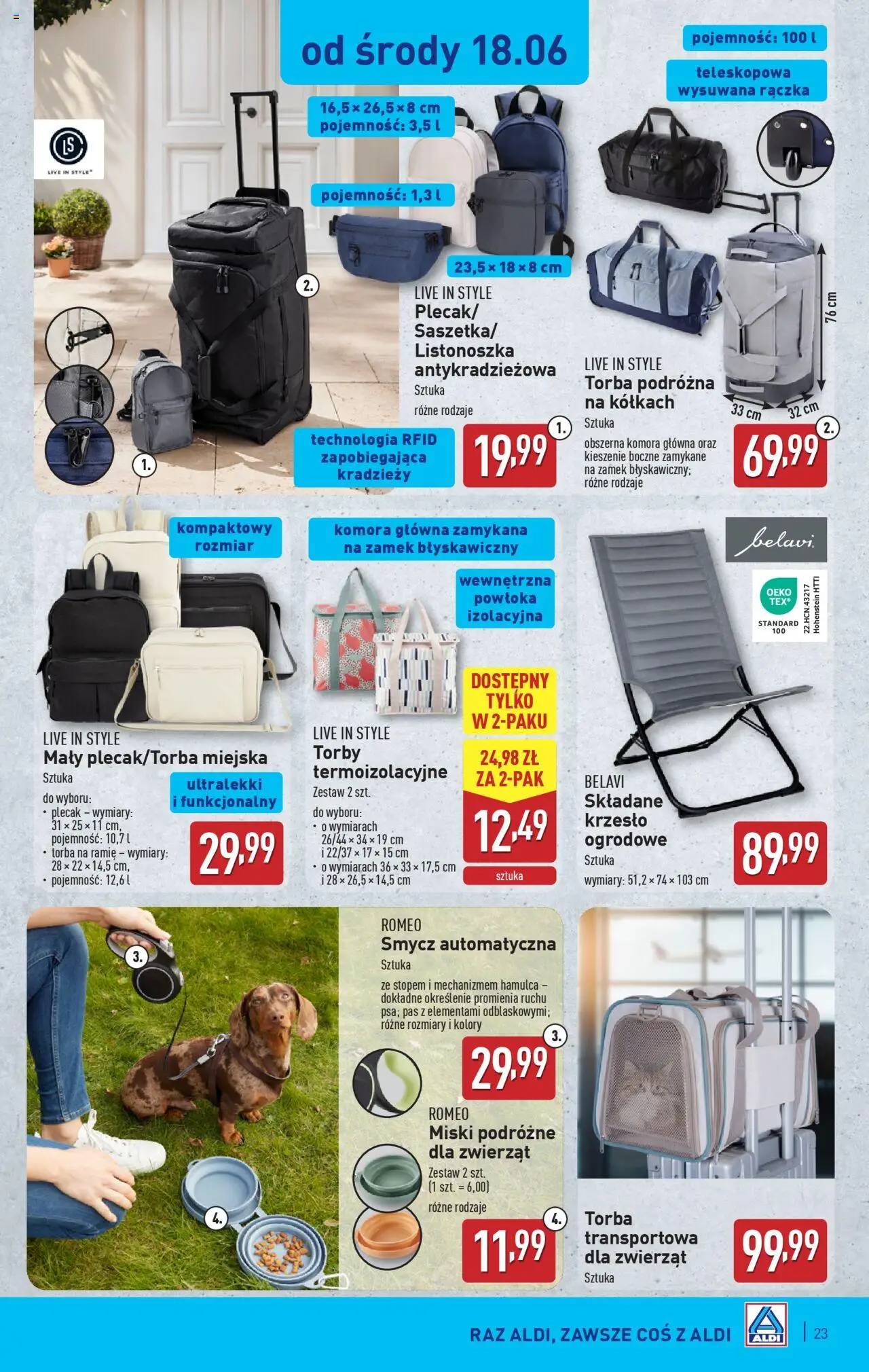 Aldi Gazetka od 16.06.2025 | Strona: 23 | Produkty: Plecak, Torba podróżna, Krzesło, Krzesło ogrodowe