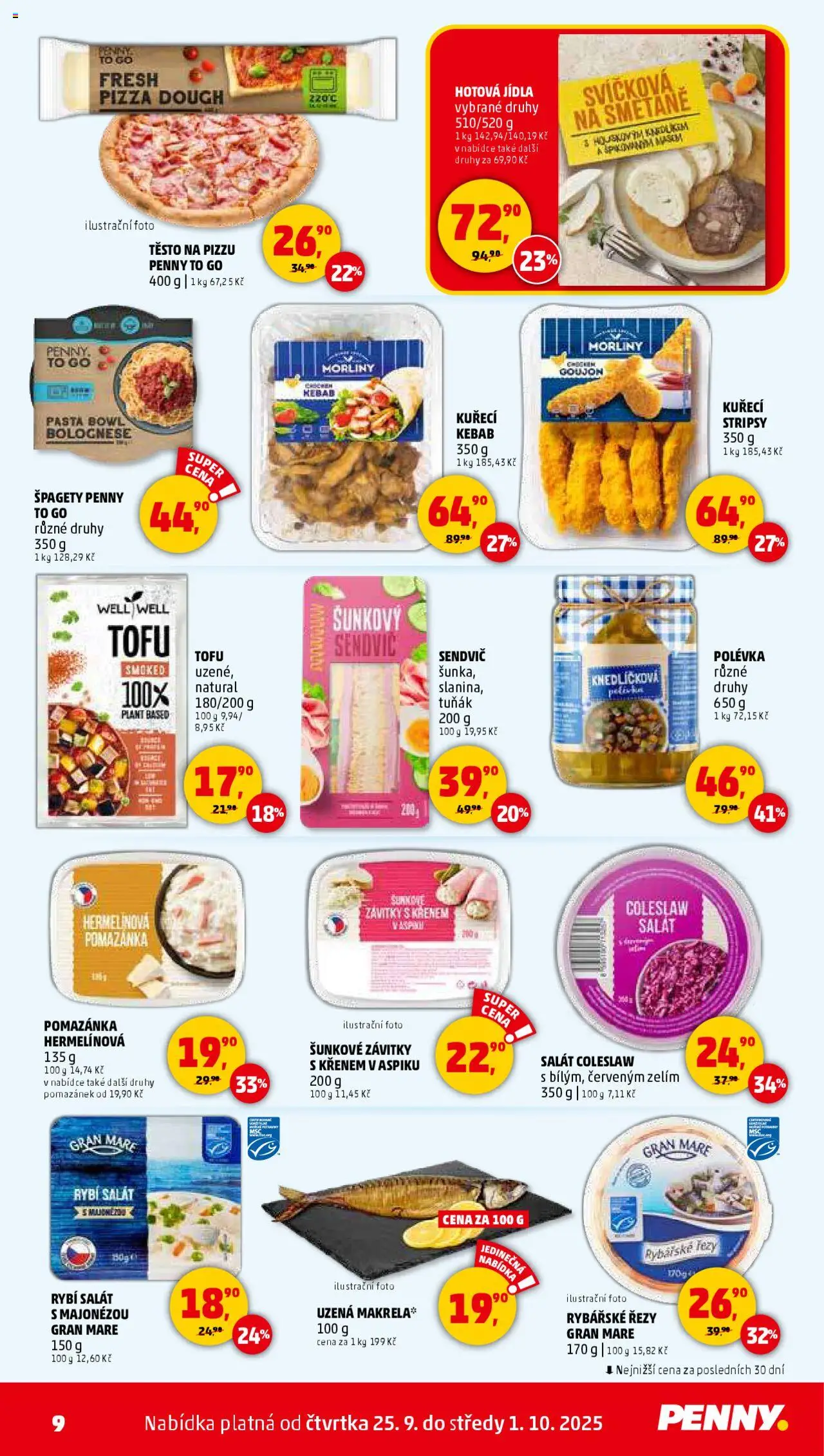 Penny Market leták - Čtvrtečník od 25.09.2025 | Strana: 9 | Produkty: Tuňák, Těsto na pizzu, Rybí salát, Hotová jídla