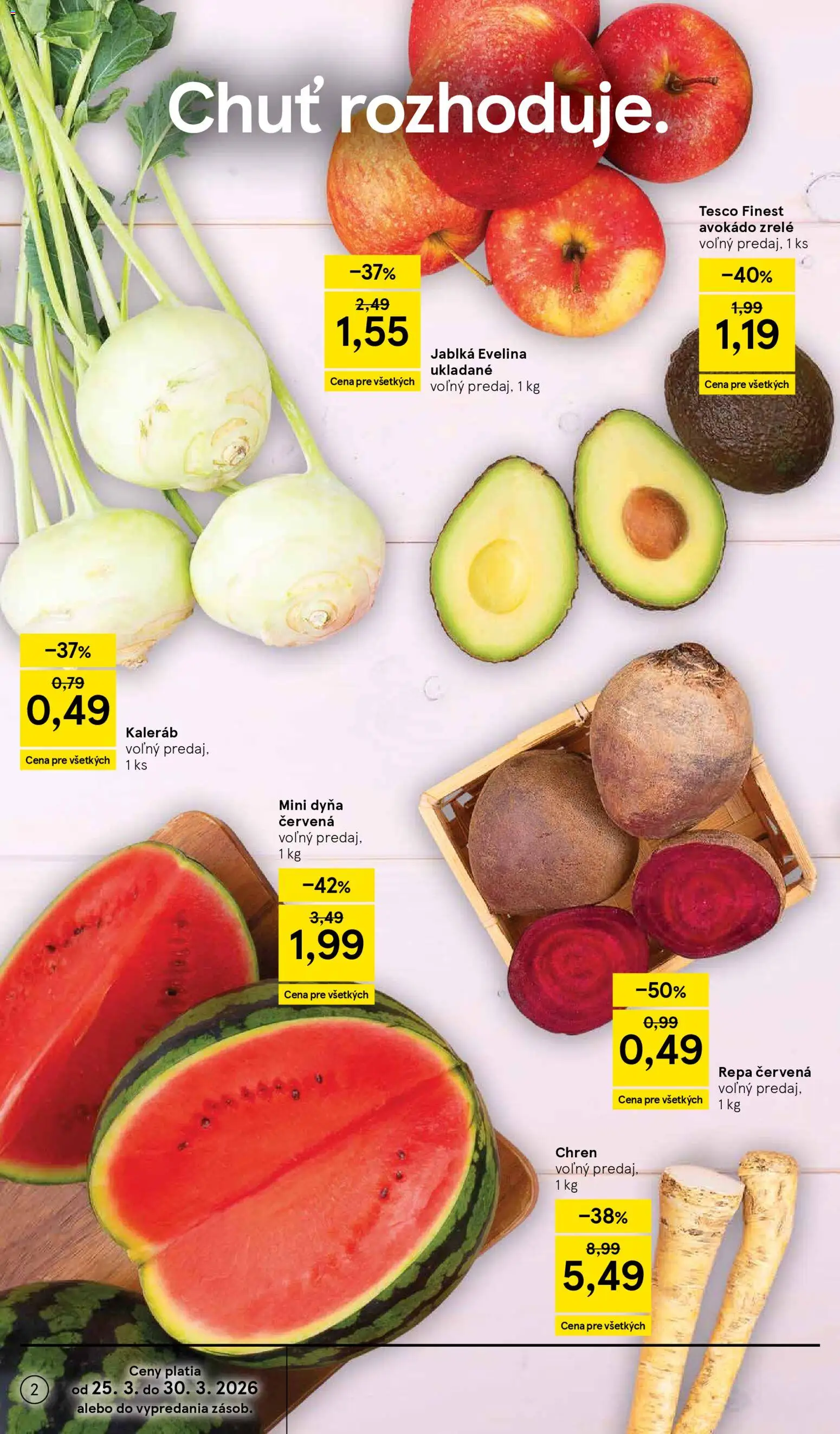 Nové Tesco akcie – leták je platný od 25.03.2026 | Strana: 2 | Produkty: Chren, Jablká, Avokádo