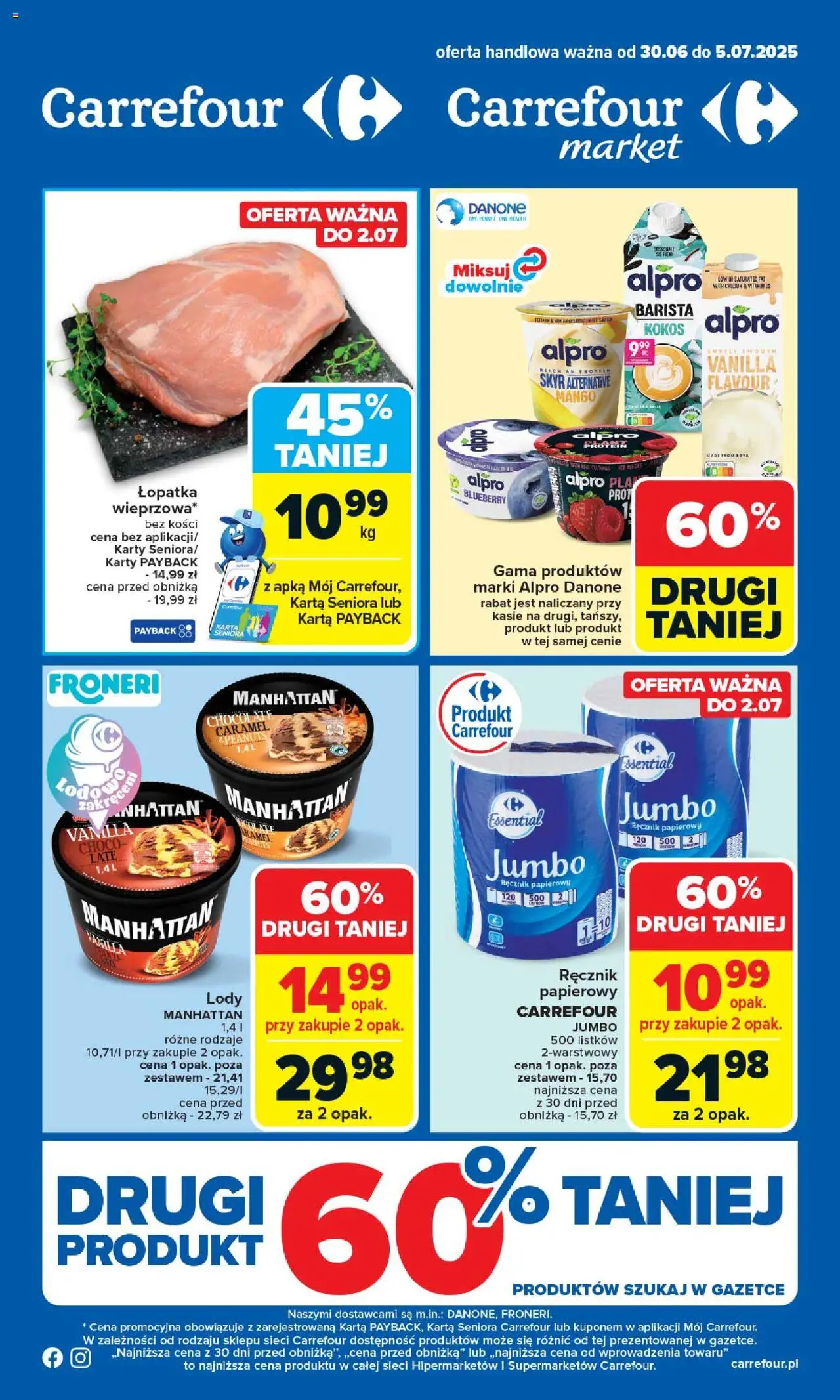 Carrefour Gazetka od 30.06.2025 | Strona: 1 | Produkty: Mango, Karta, Lody, Ręcznik papierowy