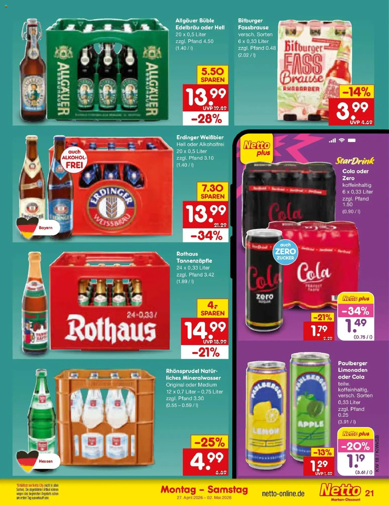 Netto Marken-Discount Prospekt Bad Friedrichshall	 – gültig ab 27.04.2026 | Seite: 25 | Produkte: Cola, Rhabarber, Fassbrause, Rhonsprudel
