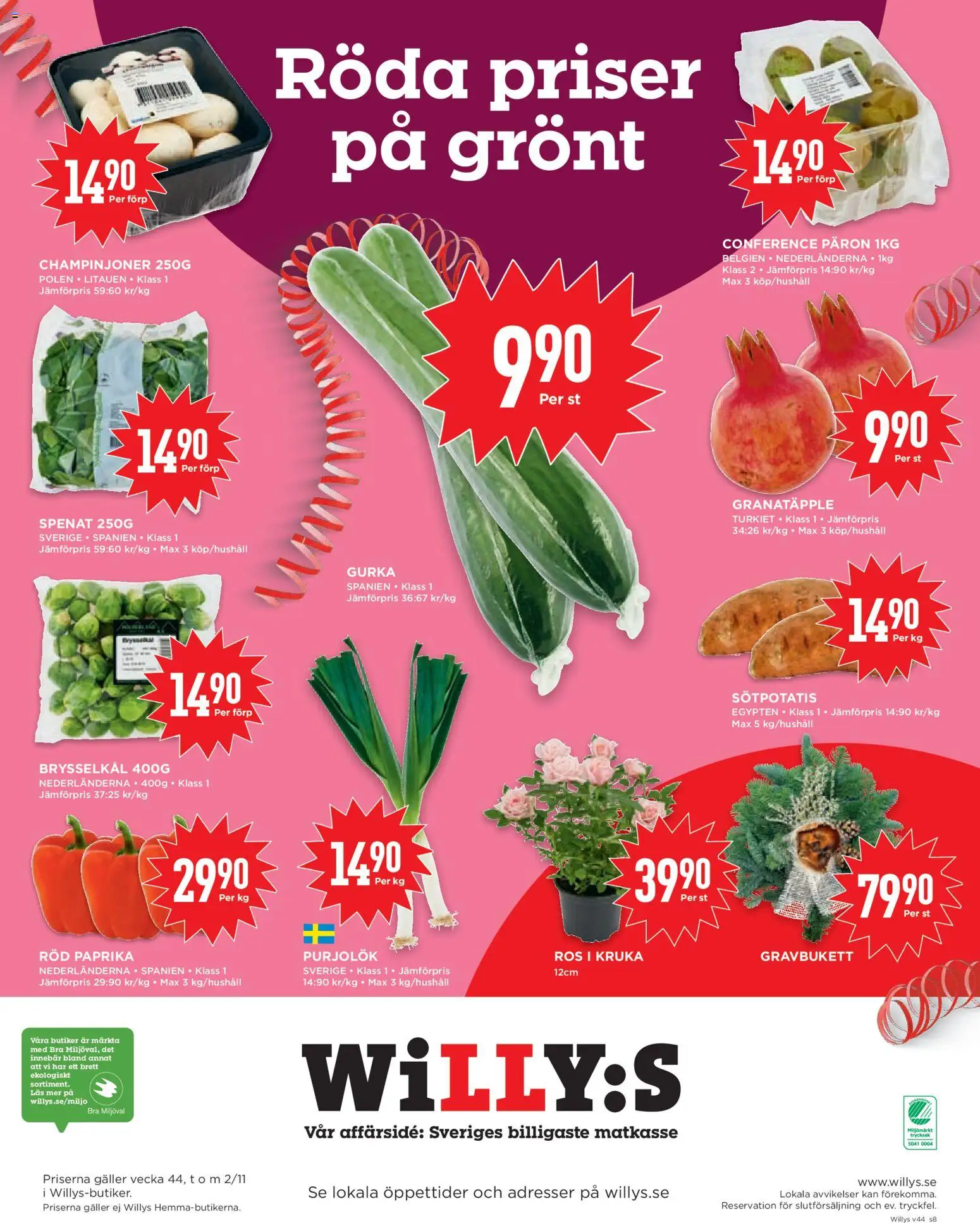 Willys reklamblad aktuell från 27.10.2025 | Sida: 8 | Produkter: Kruka, Spenat, Champinjoner, Röd paprika