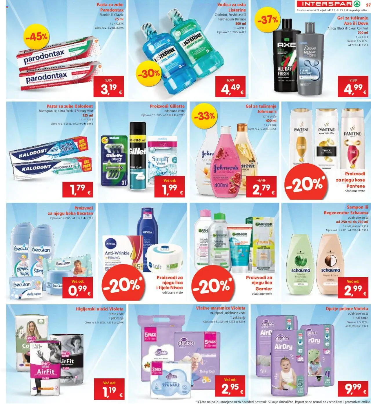Interspar katalog | vrijedi od 17.09.2025 | Stranica: 29 | Proizvodi: Vlažne maramice, Gel za tuširanje, Vodica za usta, Dove