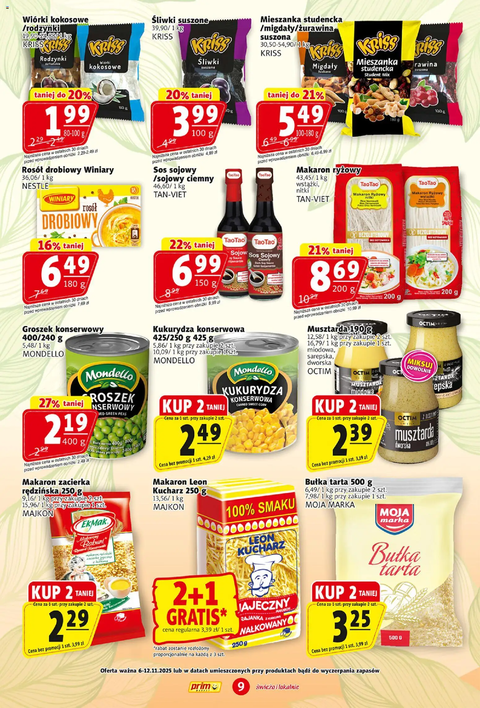 Prim Market Gazetka od 06.11.2025 | Strona: 9 | Produkty: Wiórki kokosowe, Musztarda, Bułka, Śliwki suszone