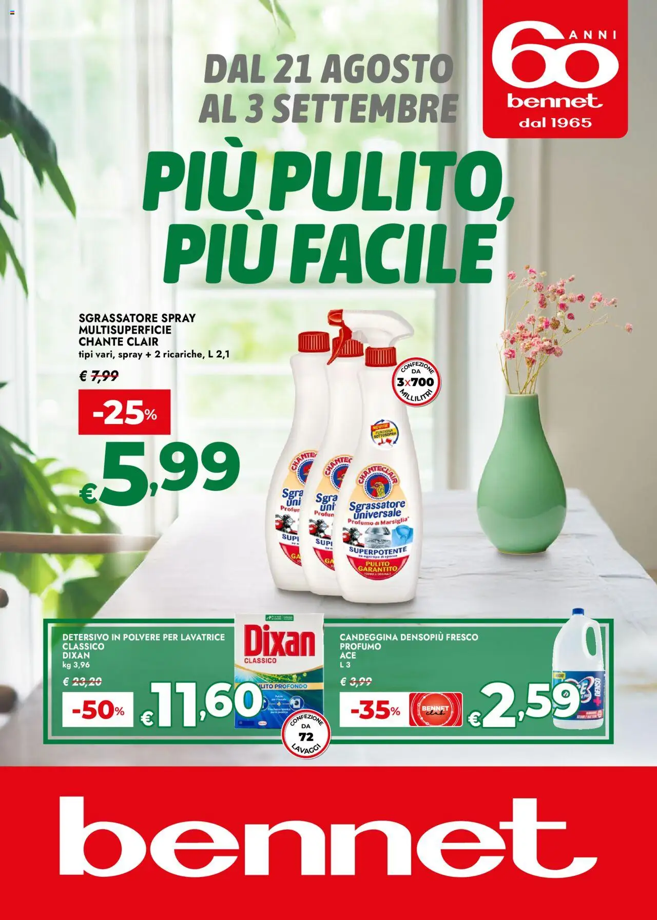 Volantino bennet del 21.08.2025 | Pagina: 1 | Prodotti: Detersivo in polvere, Candeggina, Sgrassatore, Profumo