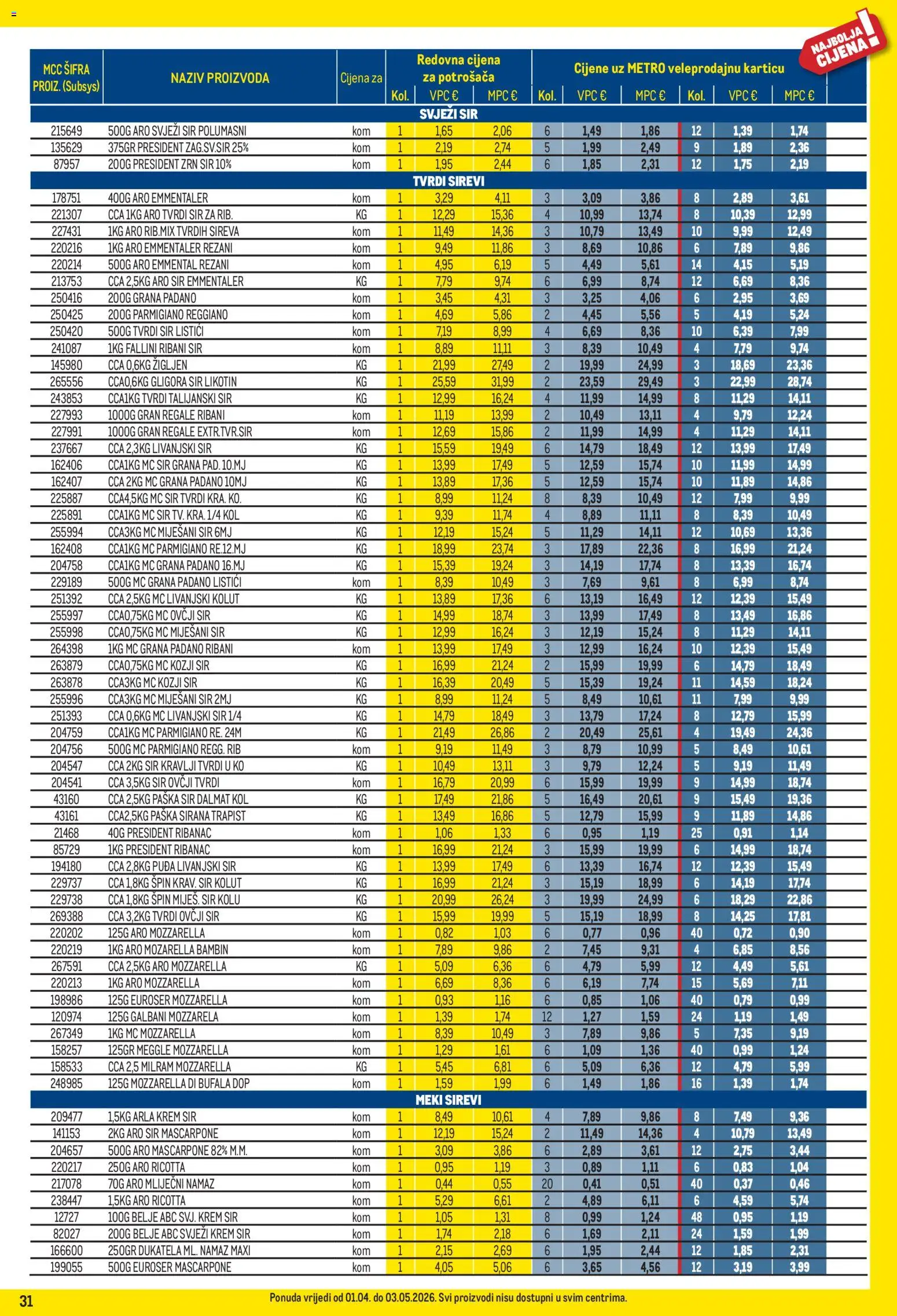 Metro katalog | vrijedi od 01.04.2026 | Stranica: 31 | Proizvodi: Grana Padano, Mascarpone, Mliječni namaz, Tvrdi sir